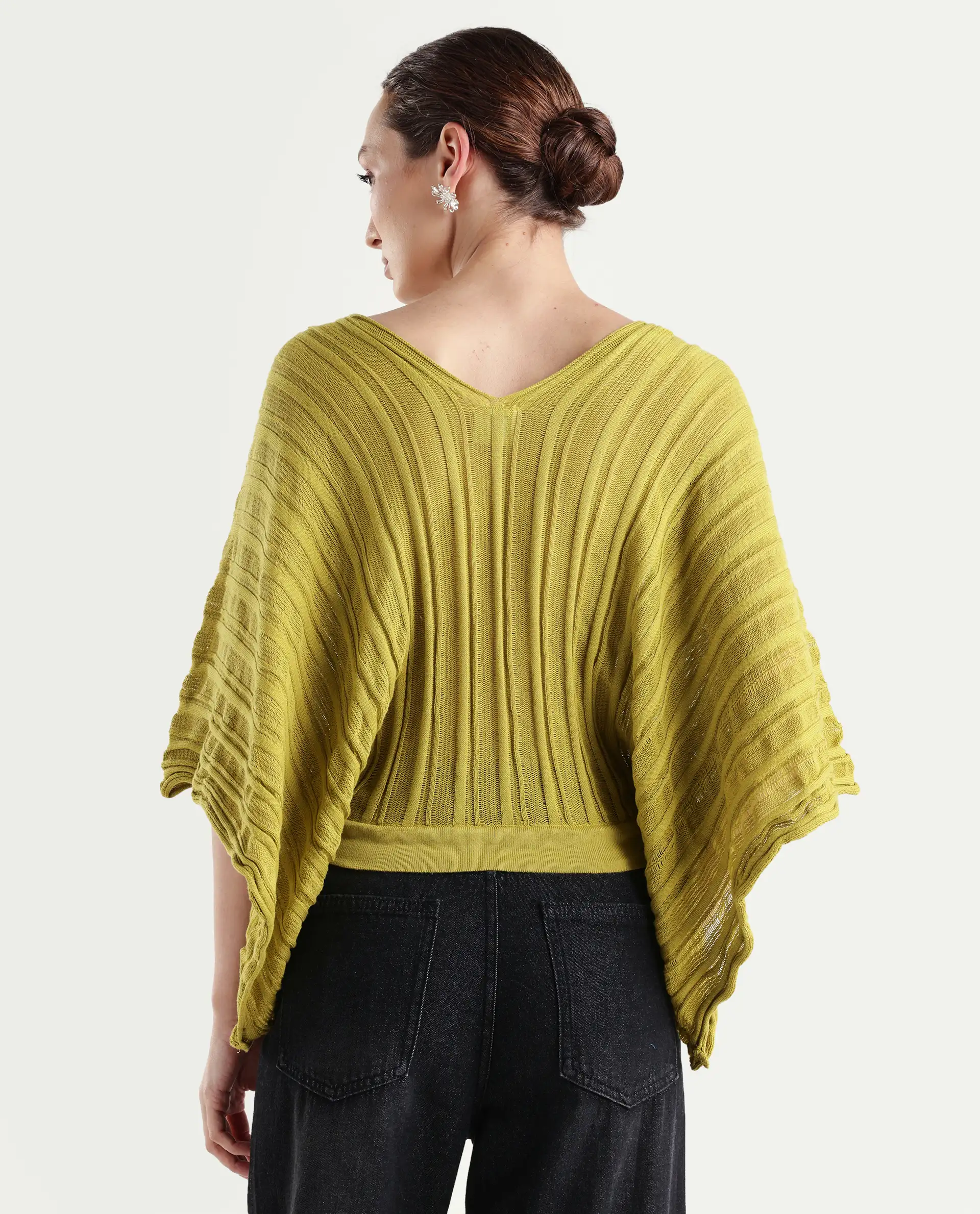 Rareism Women's Marida Olive Cotton V-Neck Plain Extended Sleeves Relaxed Fit Top - Image 7