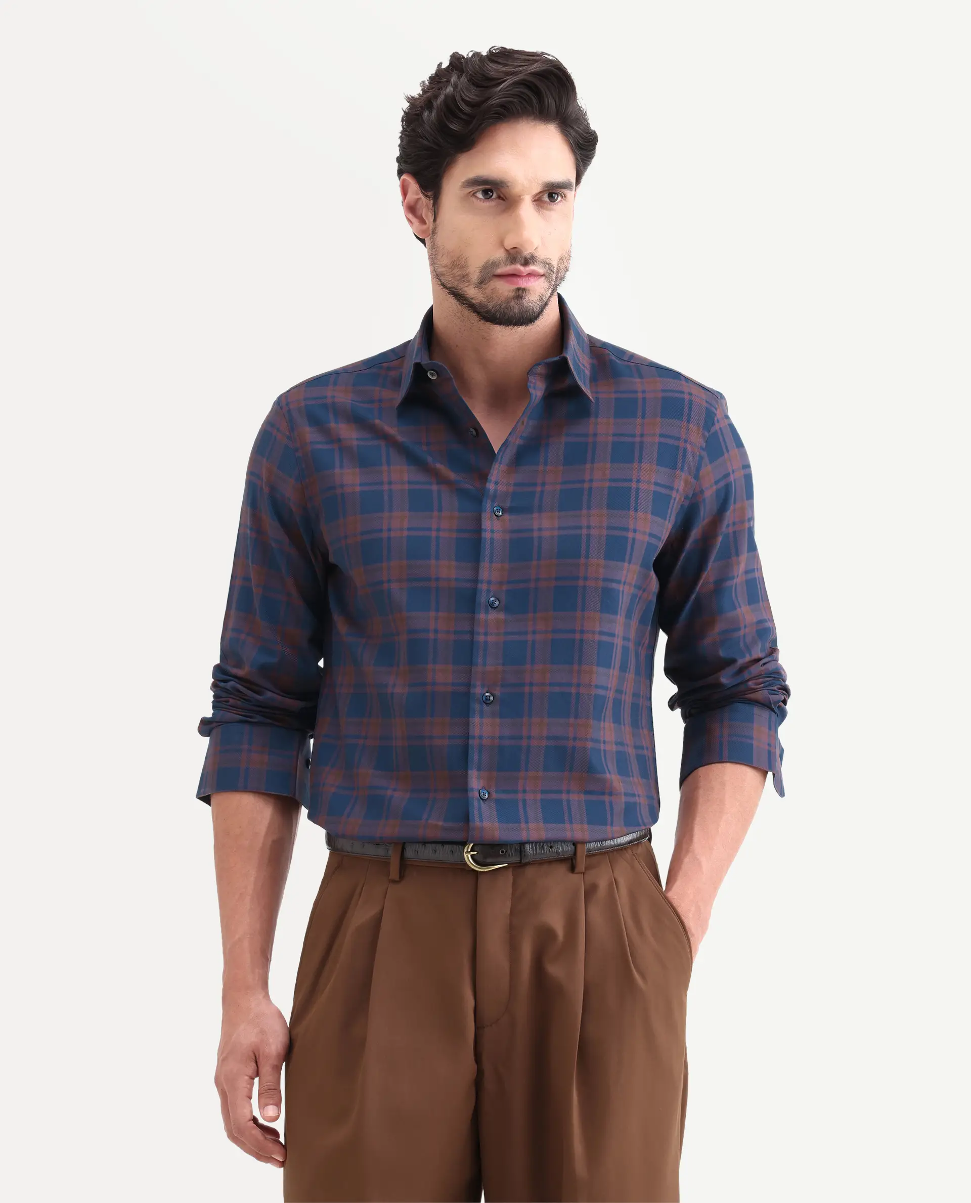 Rare Rabbit Men's Marin Navy Cotton Full Sleeve Spread Collar Regular Fit Checked Shirt - Image 4