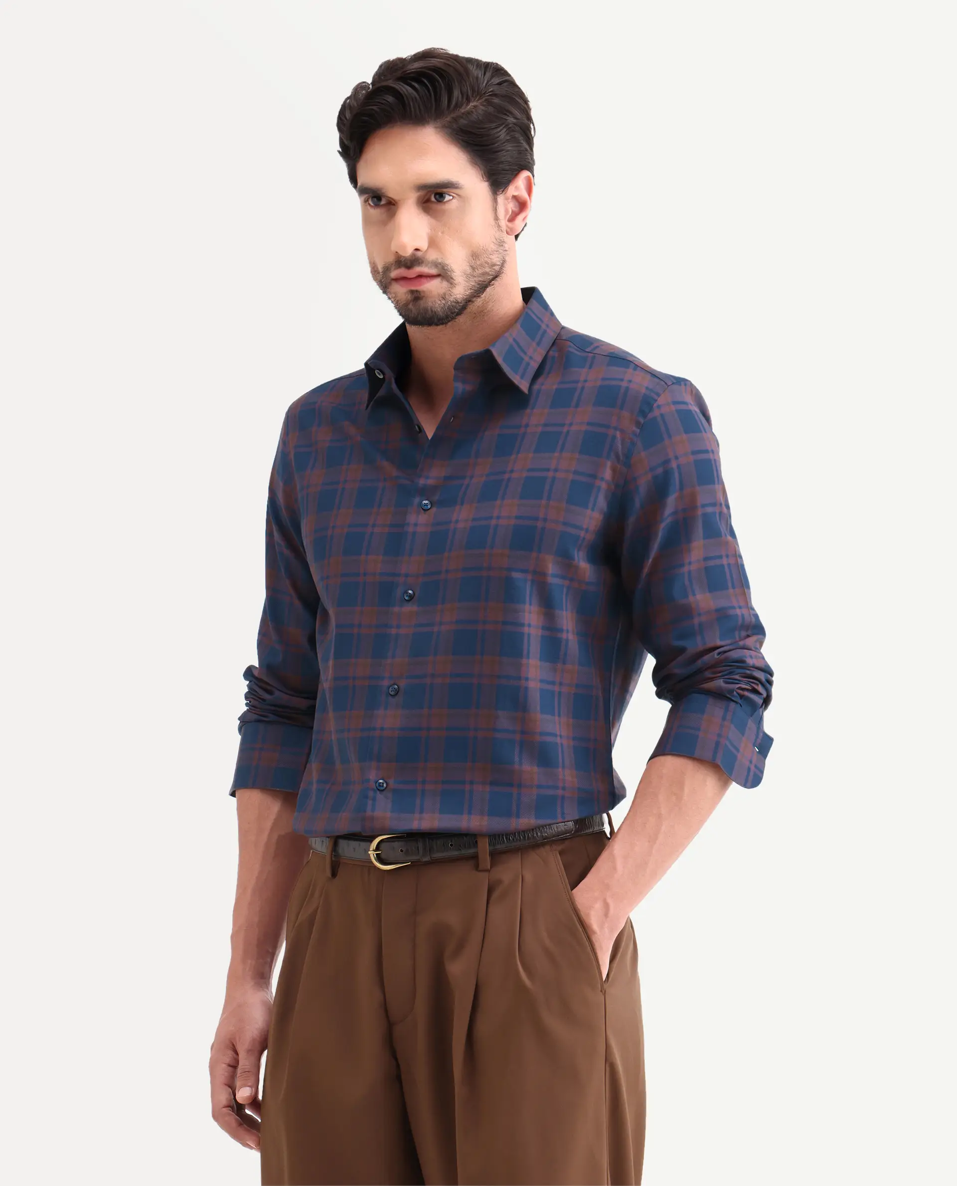 Rare Rabbit Men's Marin Navy Cotton Full Sleeve Spread Collar Regular Fit Checked Shirt - Image 5