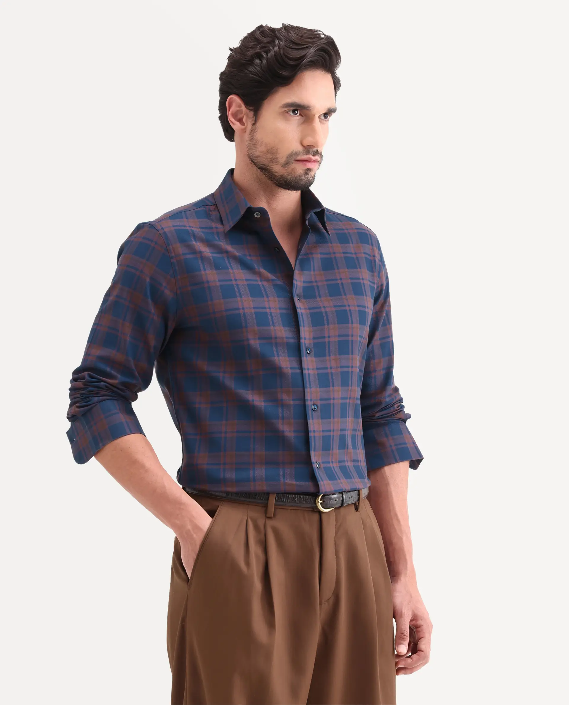 Rare Rabbit Men's Marin Navy Cotton Full Sleeve Spread Collar Regular Fit Checked Shirt - Image 6