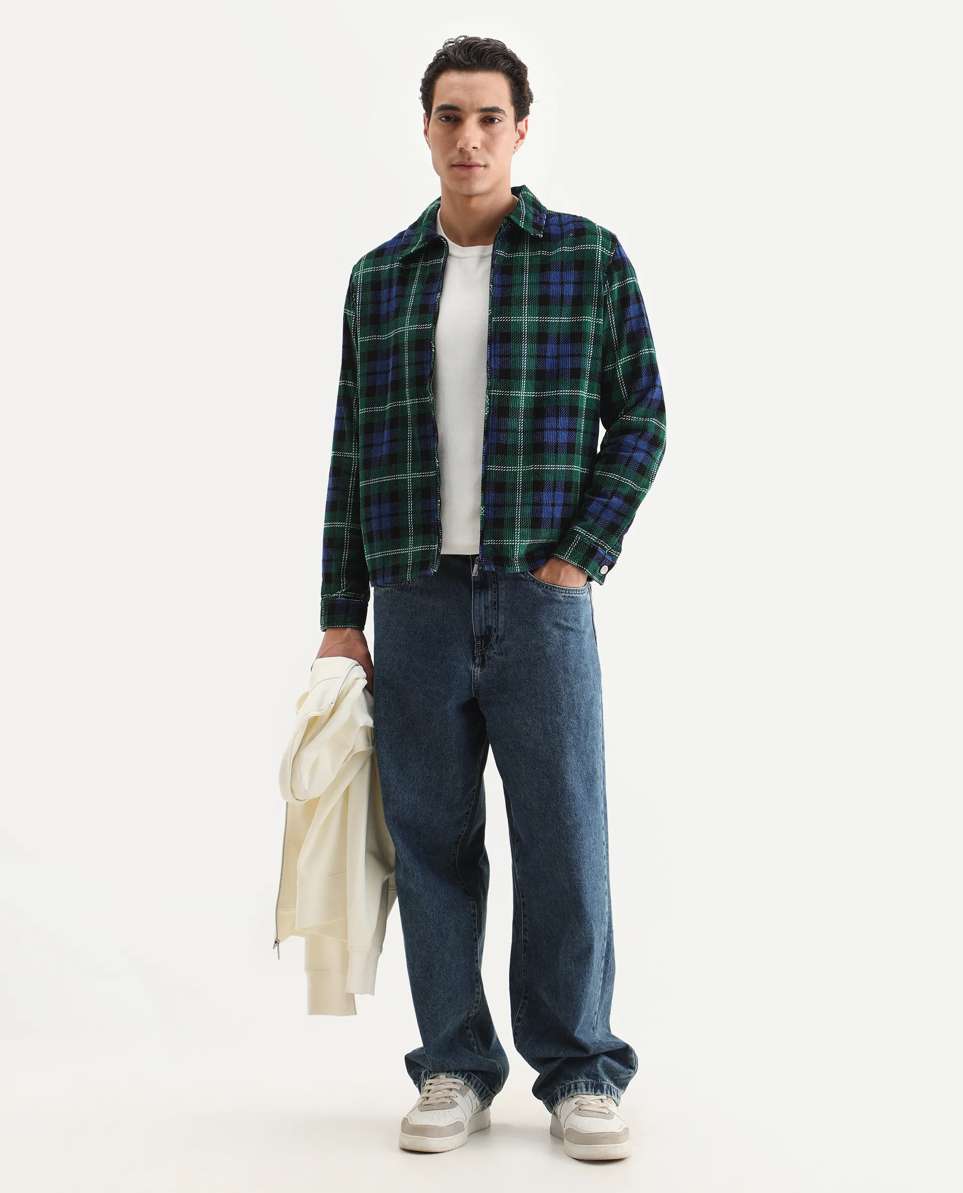 Rare Rabbit Men's Marino Blue Cotton Checked Print Relaxed Fit Full Sleeve Collared Shacket - Image 2
