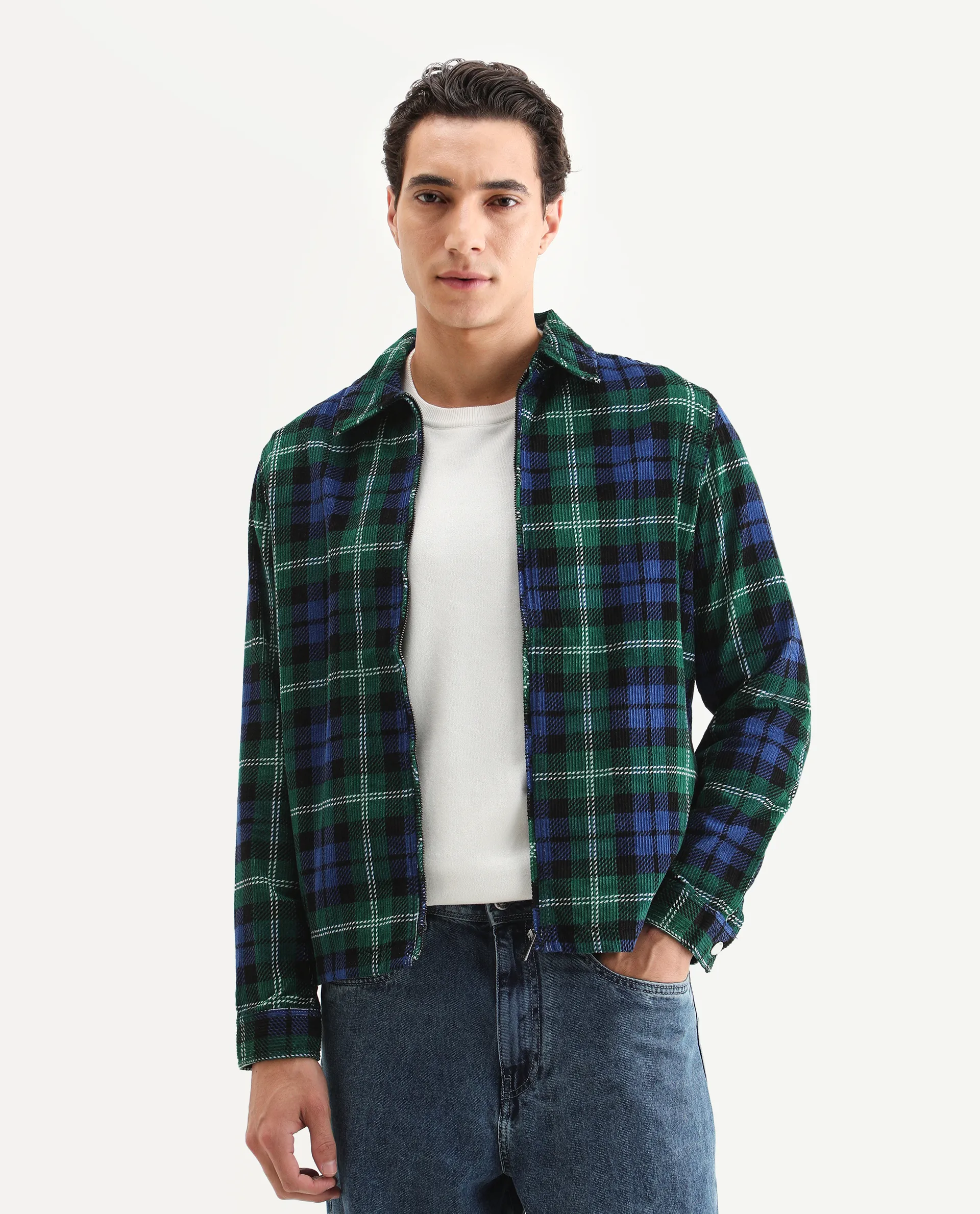 Rare Rabbit Men's Marino Blue Cotton Checked Print Relaxed Fit Full Sleeve Collared Shacket - Image 3