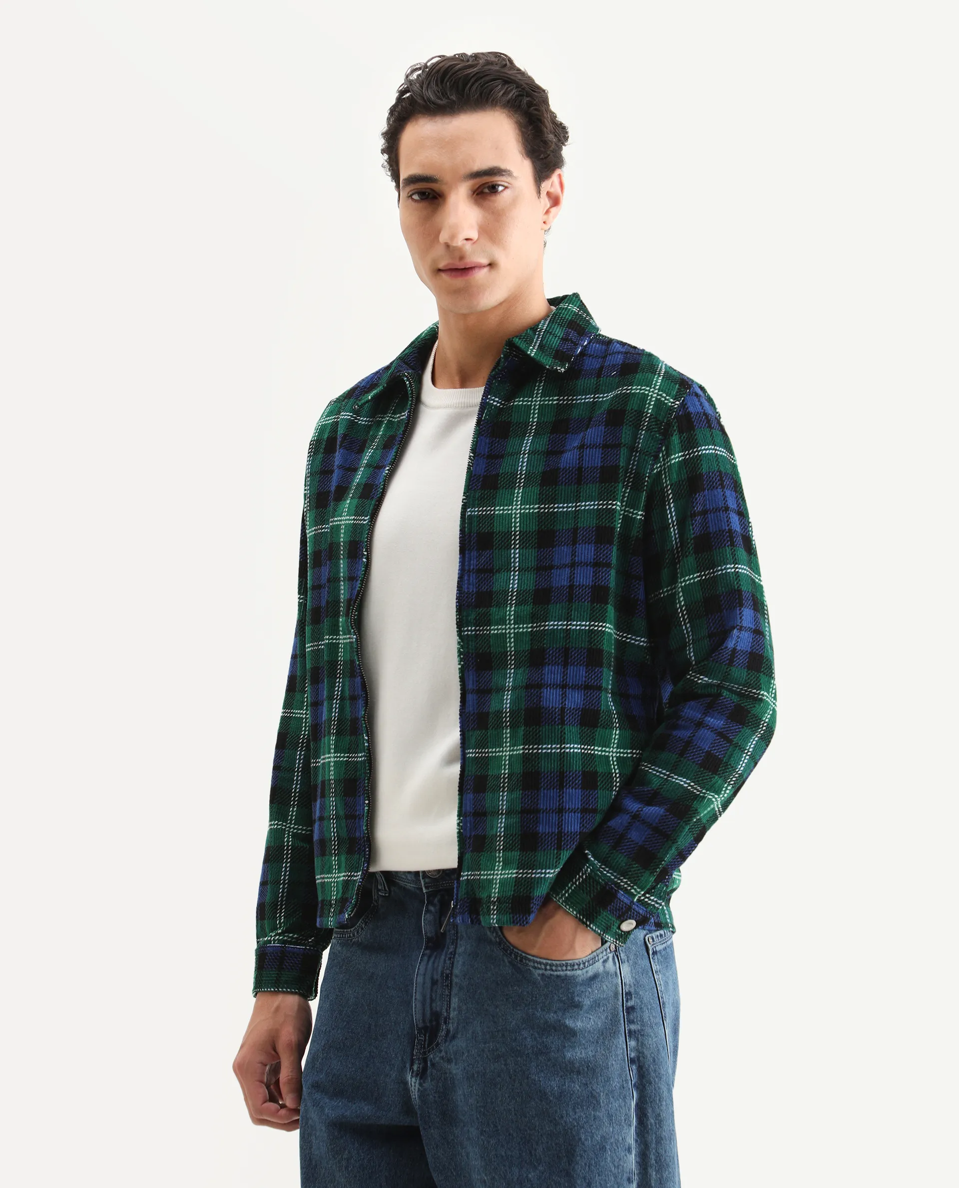 Rare Rabbit Men's Marino Blue Cotton Checked Print Relaxed Fit Full Sleeve Collared Shacket - Image 5