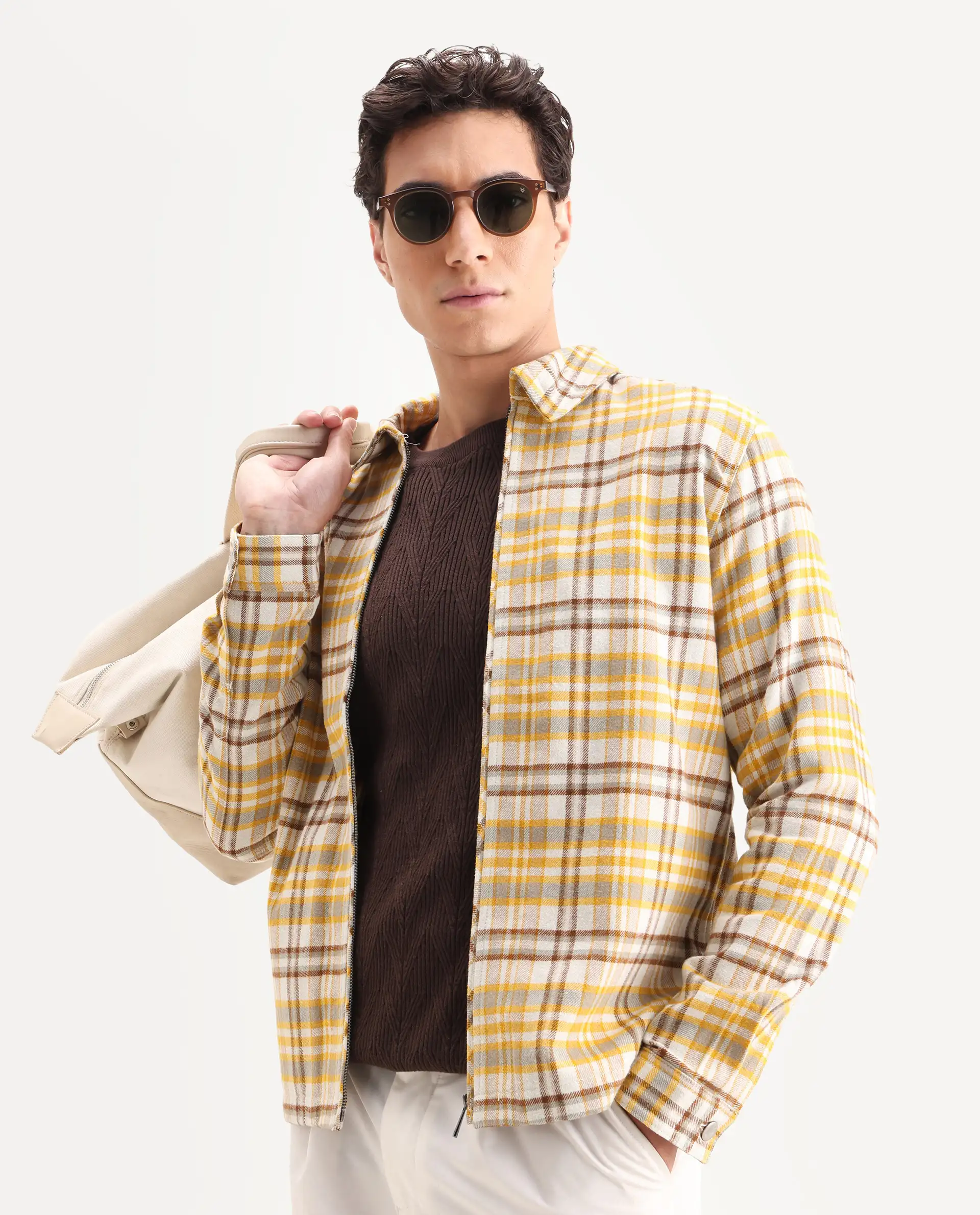 Rare Rabbit Men's Marino Yellow Cotton Checked Print Relaxed Fit Full Sleeve Collared Shacket