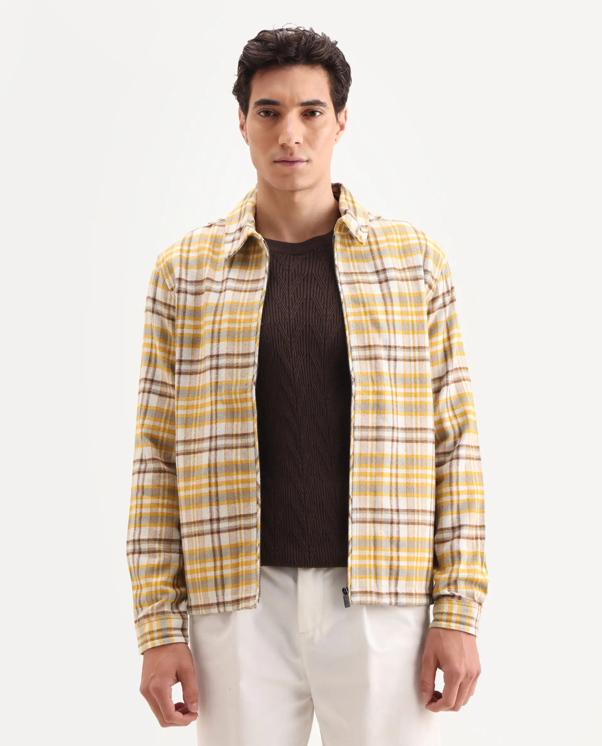 Rare Rabbit Men's Marino Yellow Cotton Checked Print Relaxed Fit Full Sleeve Collared Shacket - Image 3