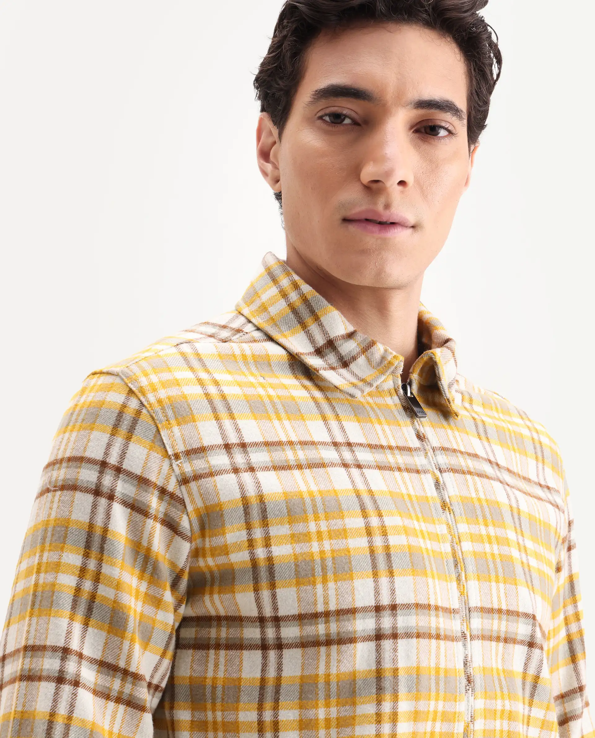 Rare Rabbit Men's Marino Yellow Cotton Checked Print Relaxed Fit Full Sleeve Collared Shacket - Image 4