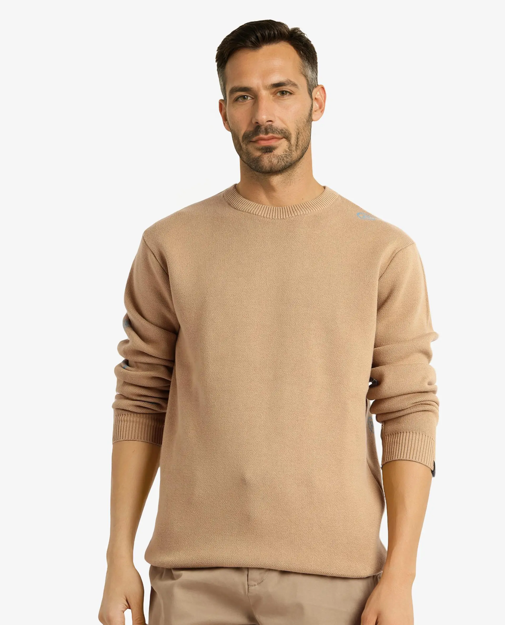 Rare Rabbit Men's Mario Beige Cotton Monogram Print Regular Fit Full Sleeve Crew Neck Sweater - Image 3