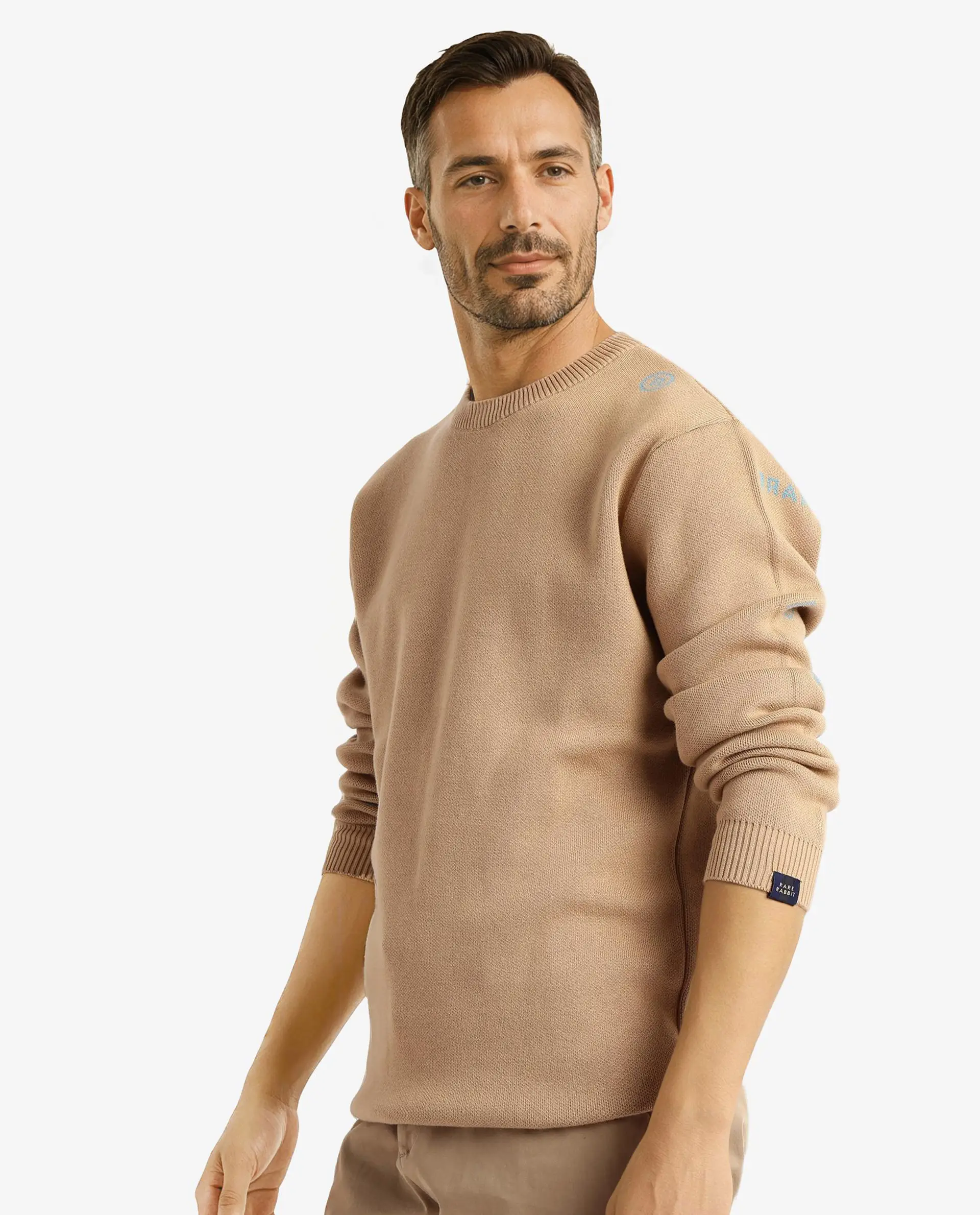 Rare Rabbit Men's Mario Beige Cotton Monogram Print Regular Fit Full Sleeve Crew Neck Sweater - Image 5