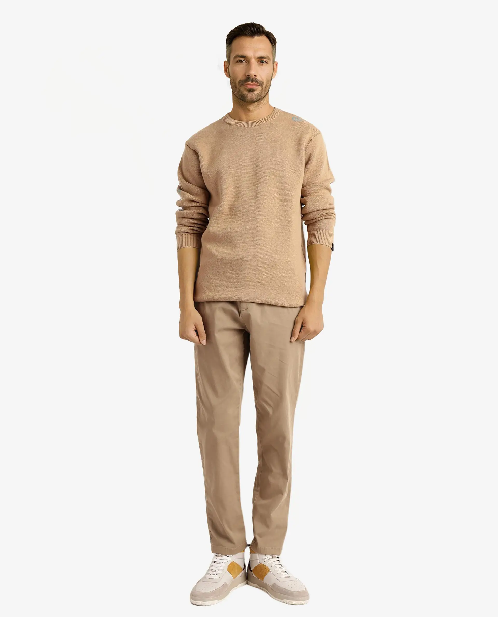 Rare Rabbit Men's Mario Beige Cotton Monogram Print Regular Fit Full Sleeve Crew Neck Sweater - Image 7