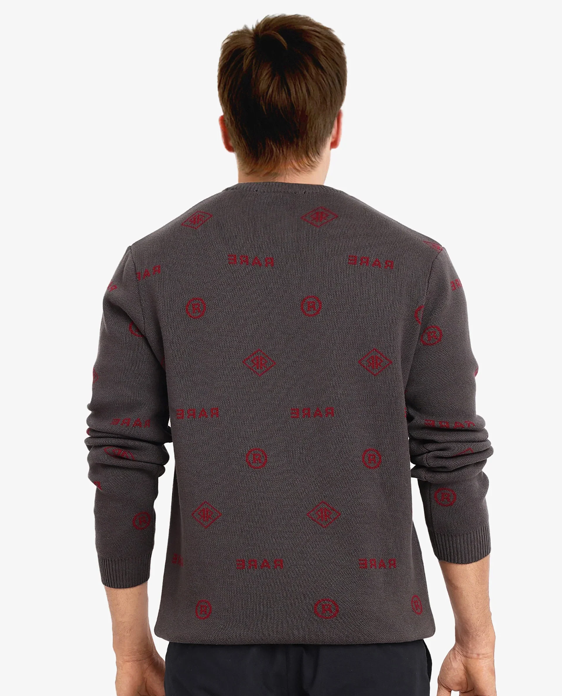 Rare Rabbit Men's Mario Dark Grey Cotton Monogram Print Regular Fit Full Sleeve Crew Neck Sweater - Image 5