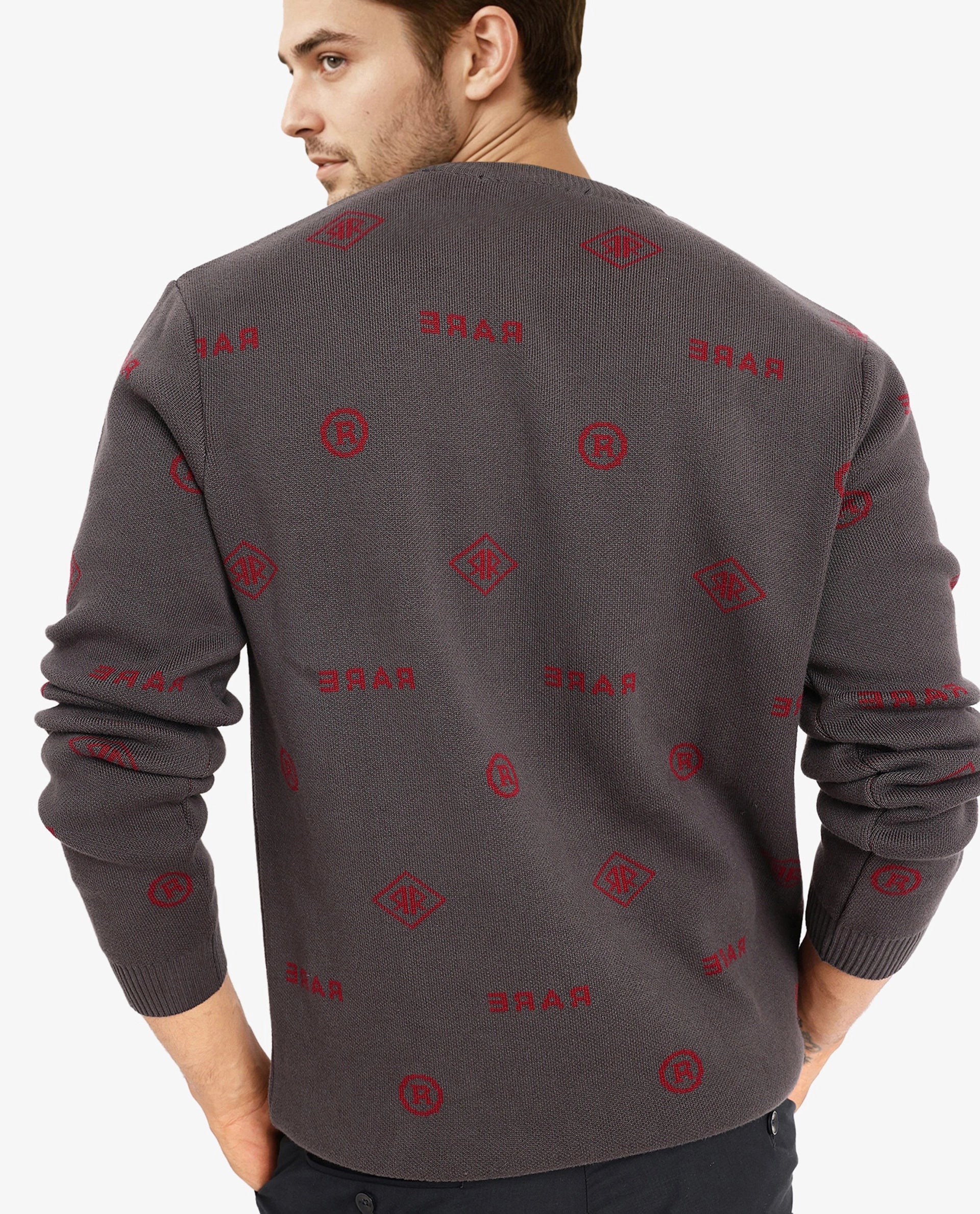 Rare Rabbit Men's Mario Dark Grey Cotton Monogram Print Regular Fit Full Sleeve Crew Neck Sweater - Image 6