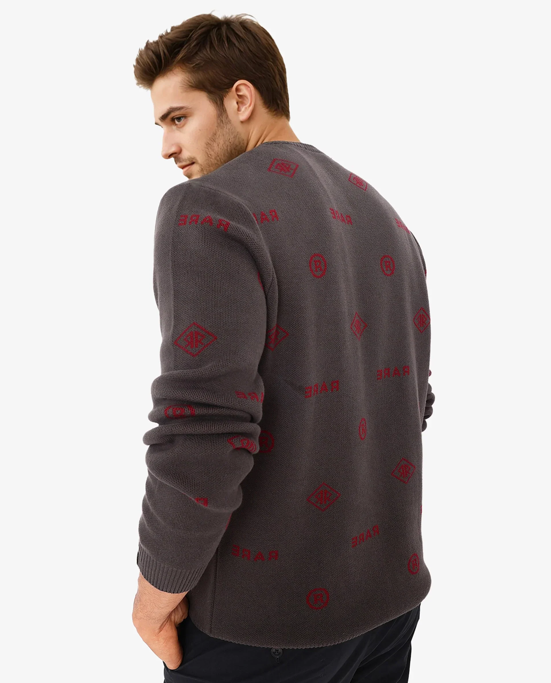 Rare Rabbit Men's Mario Dark Grey Cotton Monogram Print Regular Fit Full Sleeve Crew Neck Sweater - Image 7
