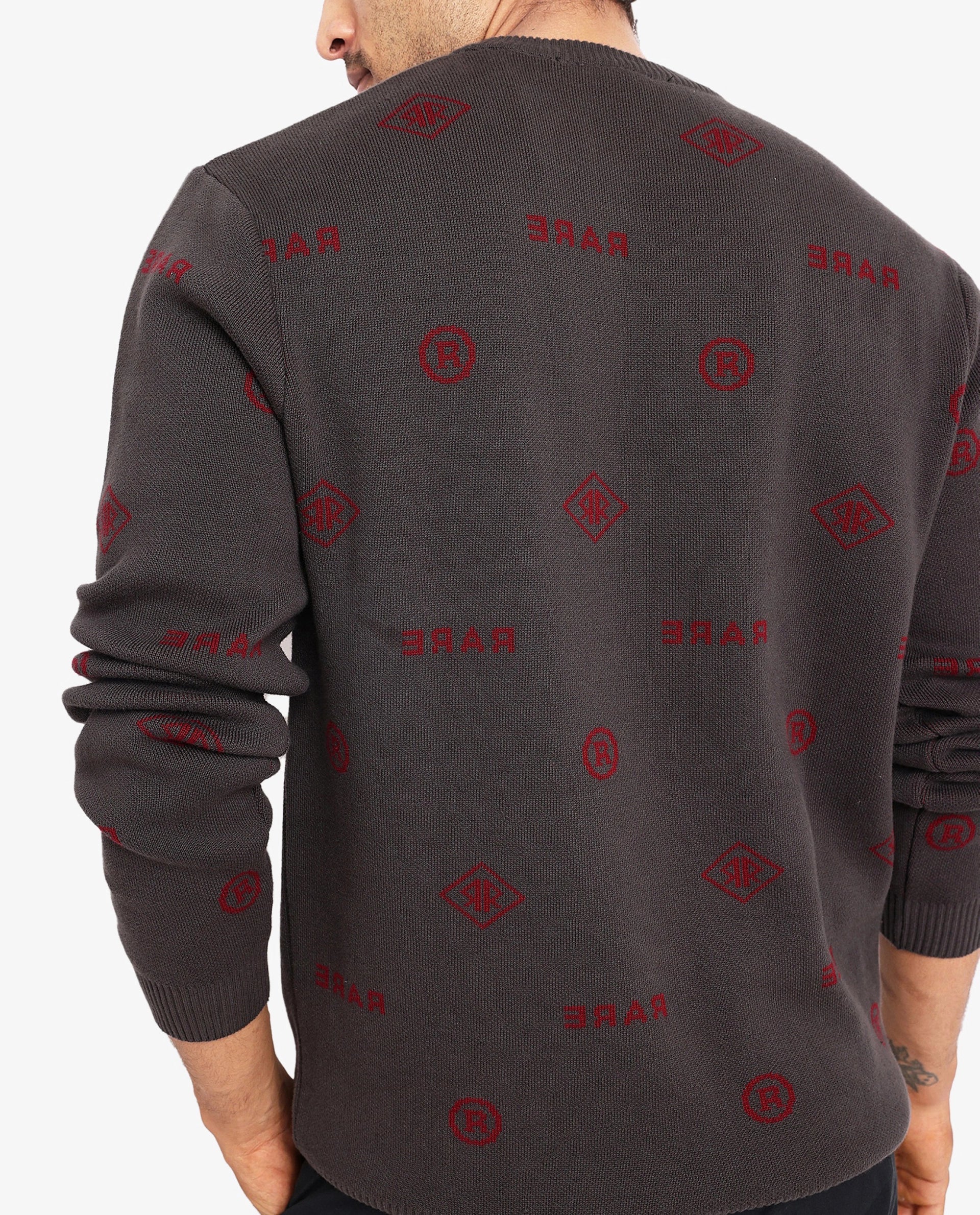 Rare Rabbit Men's Mario Dark Grey Cotton Monogram Print Regular Fit Full Sleeve Crew Neck Sweater - Image 8