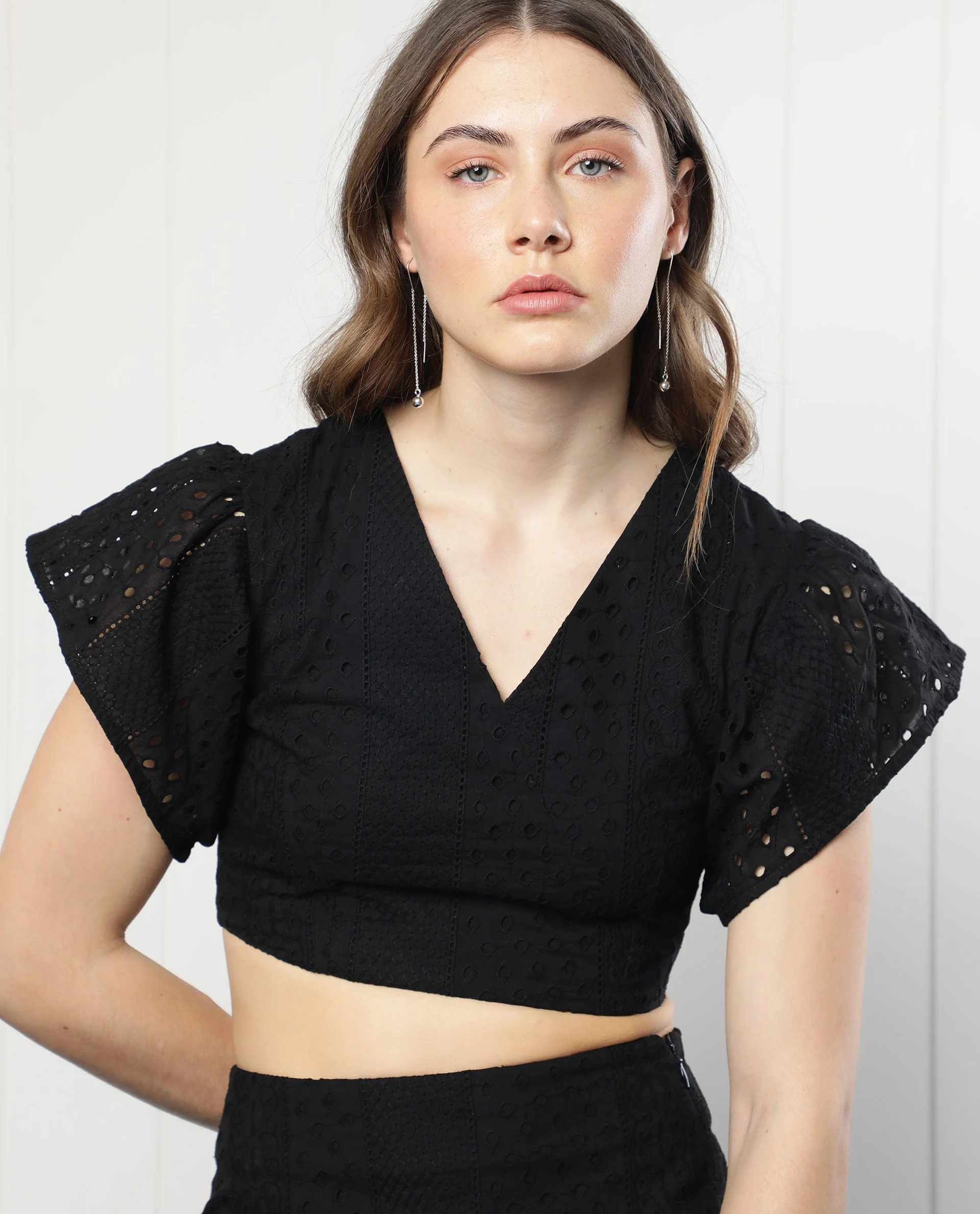 Rareism Women's Marisa Black Cotton V-Neck Schiffli Extended Sleeves Crop Regular Fit Top - Image 4