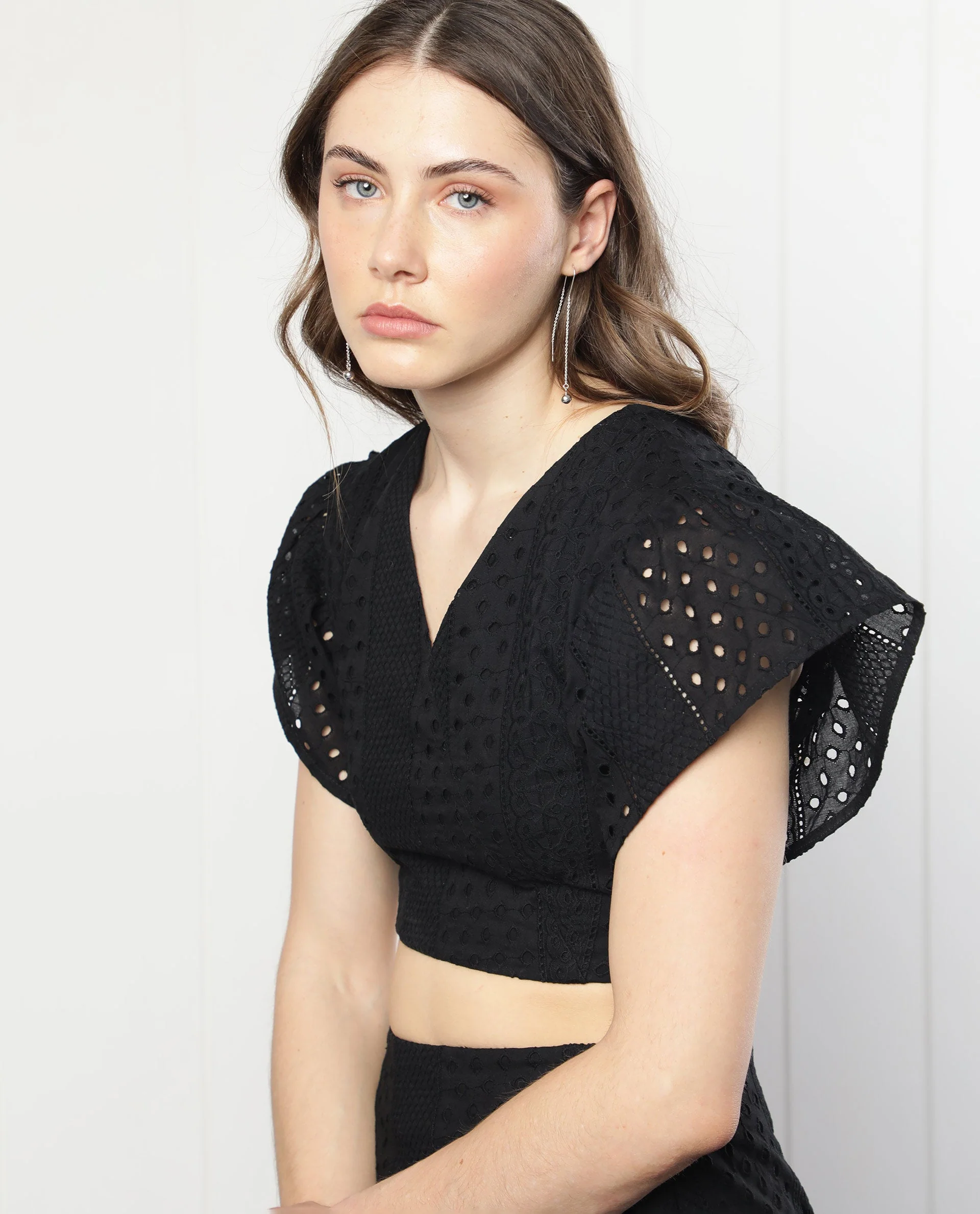 Rareism Women's Marisa Black Cotton V-Neck Schiffli Extended Sleeves Crop Regular Fit Top - Image 5