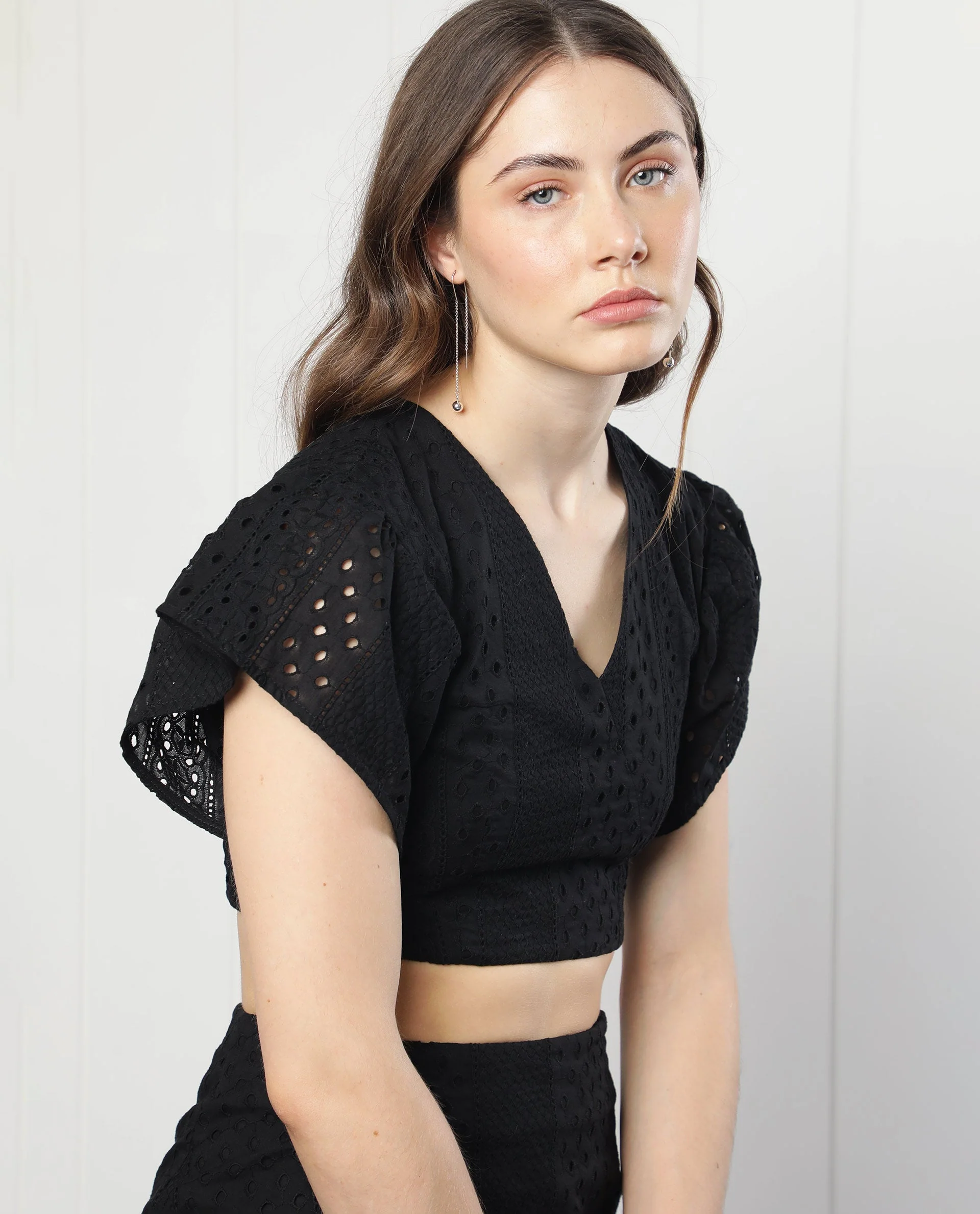 Rareism Women's Marisa Black Cotton V-Neck Schiffli Extended Sleeves Crop Regular Fit Top - Image 7