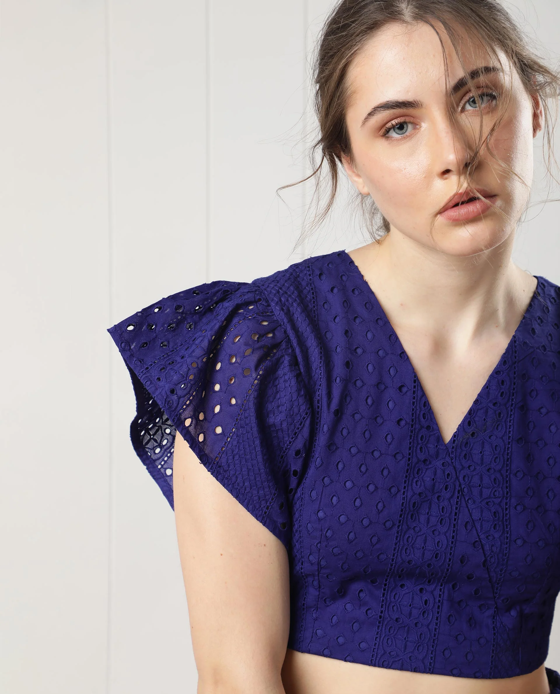 Rareism Women's Marisa Blue Cotton V-Neck Schiffli Extended Sleeves Crop Regular Fit Top - Image 2