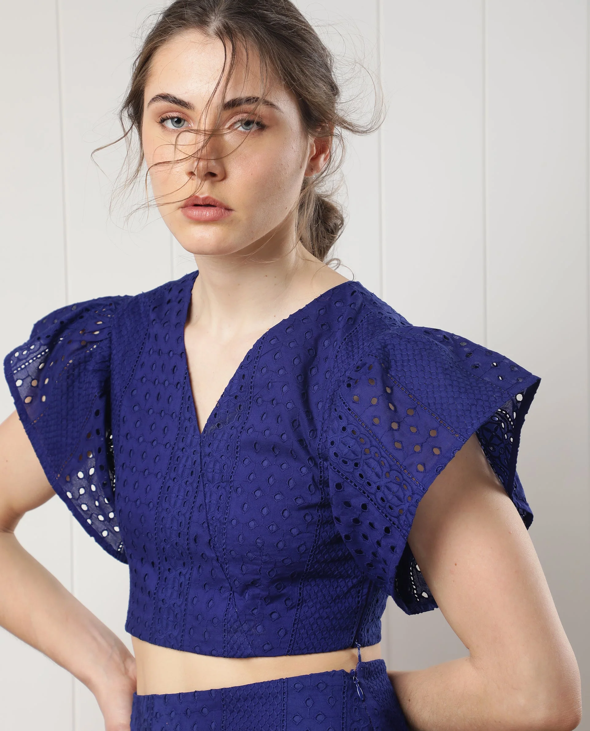 Rareism Women's Marisa Blue Cotton V-Neck Schiffli Extended Sleeves Crop Regular Fit Top - Image 4