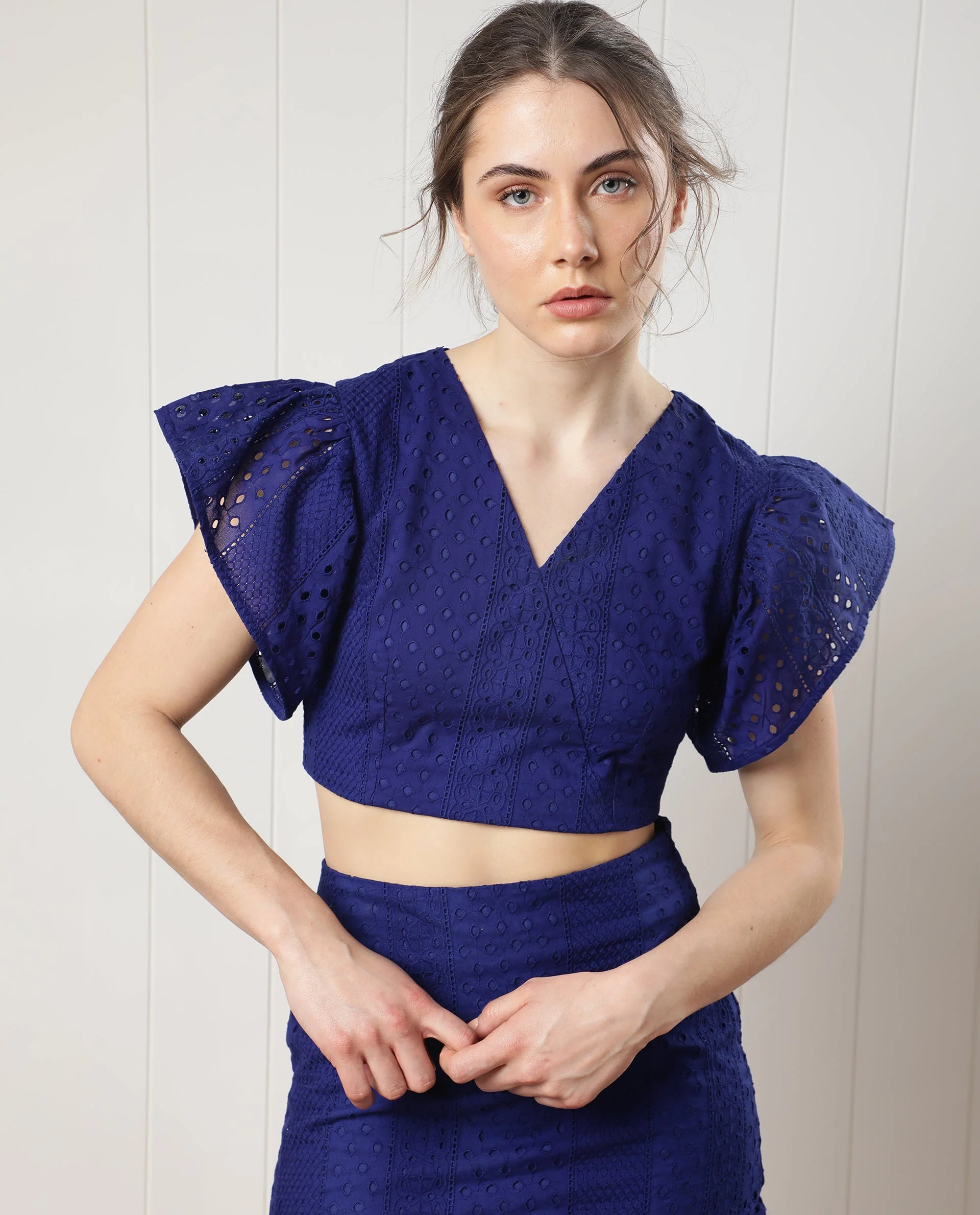 Rareism Women's Marisa Blue Cotton V-Neck Schiffli Extended Sleeves Crop Regular Fit Top - Image 6