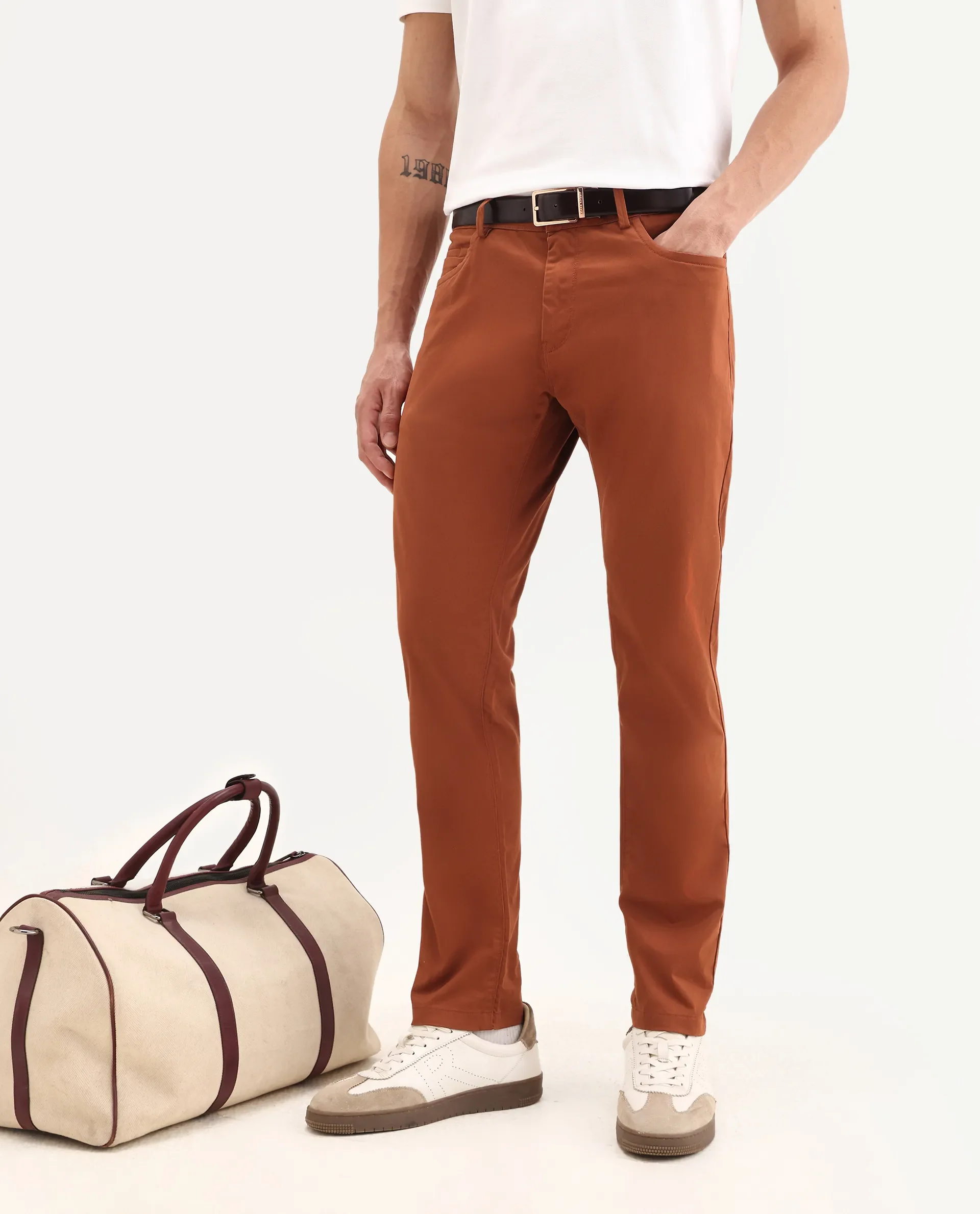 Rare Rabbit Men's Mark Maroon Cotton Plain Regular Fit Trouser - Image 2