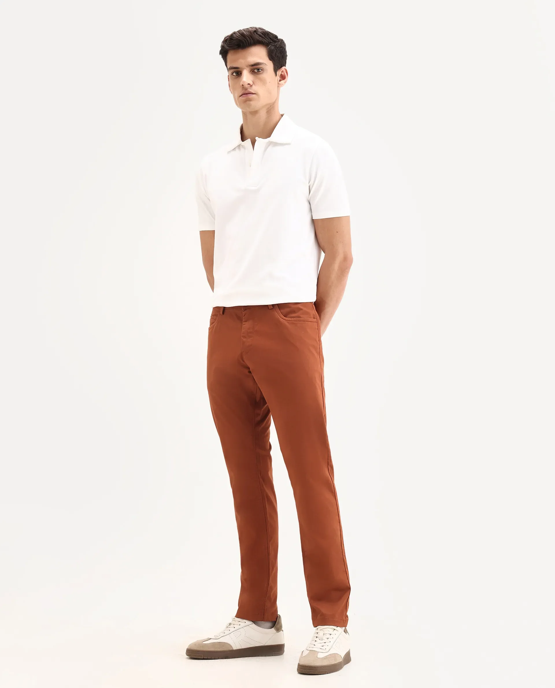Rare Rabbit Men's Mark Maroon Cotton Plain Regular Fit Trouser - Image 5