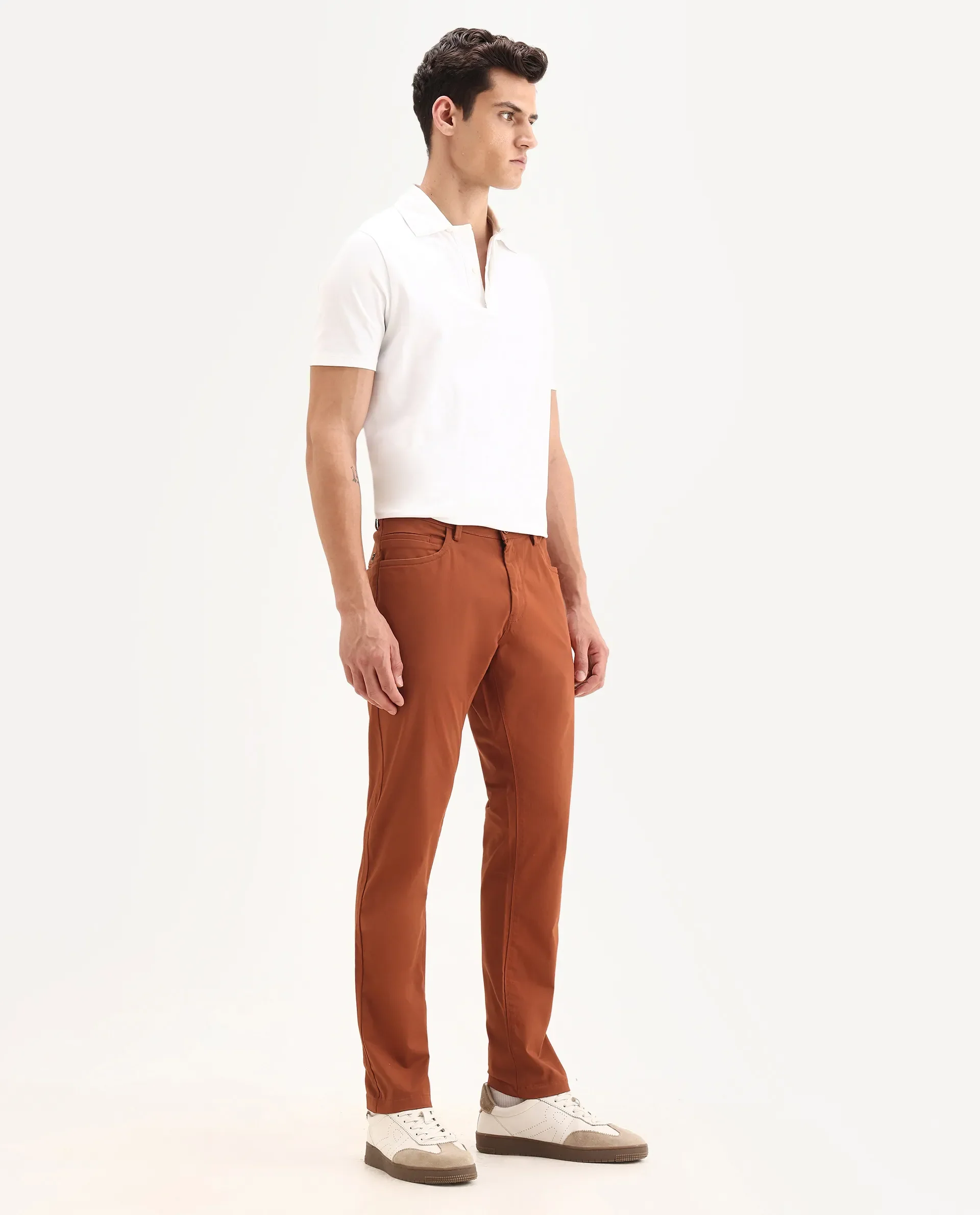 Rare Rabbit Men's Mark Maroon Cotton Plain Regular Fit Trouser - Image 6