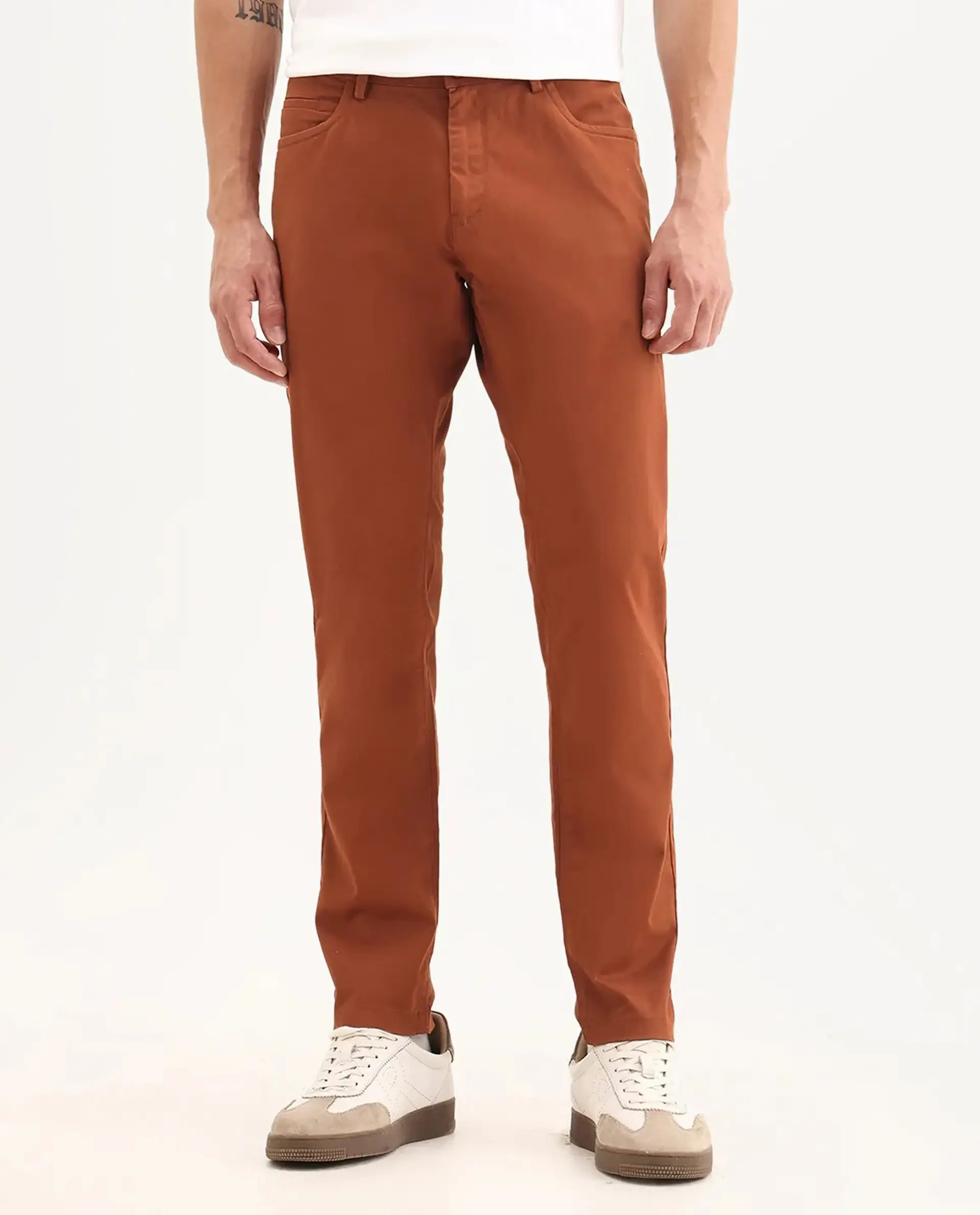 Rare Rabbit Men's Mark Maroon Cotton Plain Regular Fit Trouser - Image 9