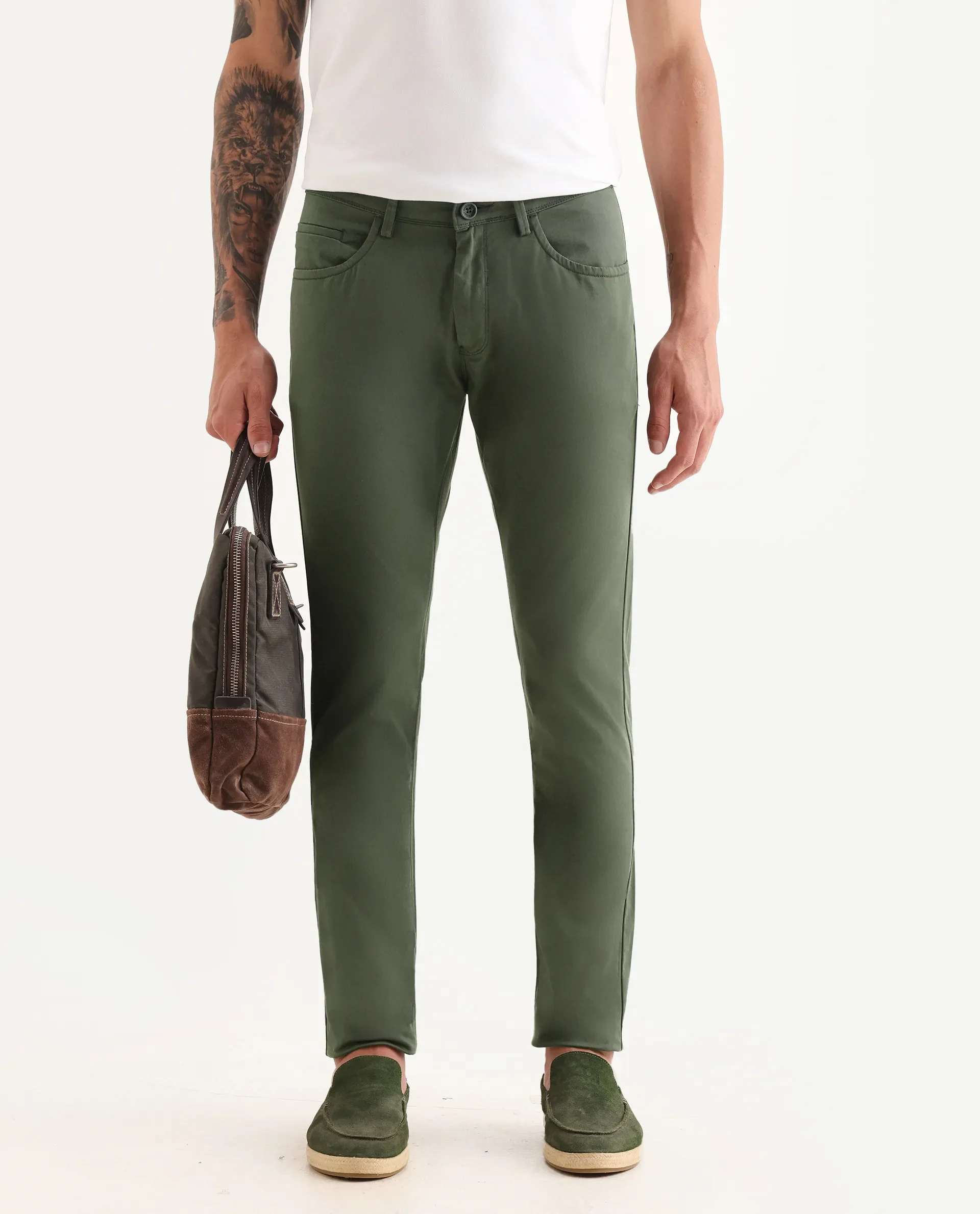 Rare Rabbit Men's Mark Green Cotton Plain Regular Fit Trouser - Image 2