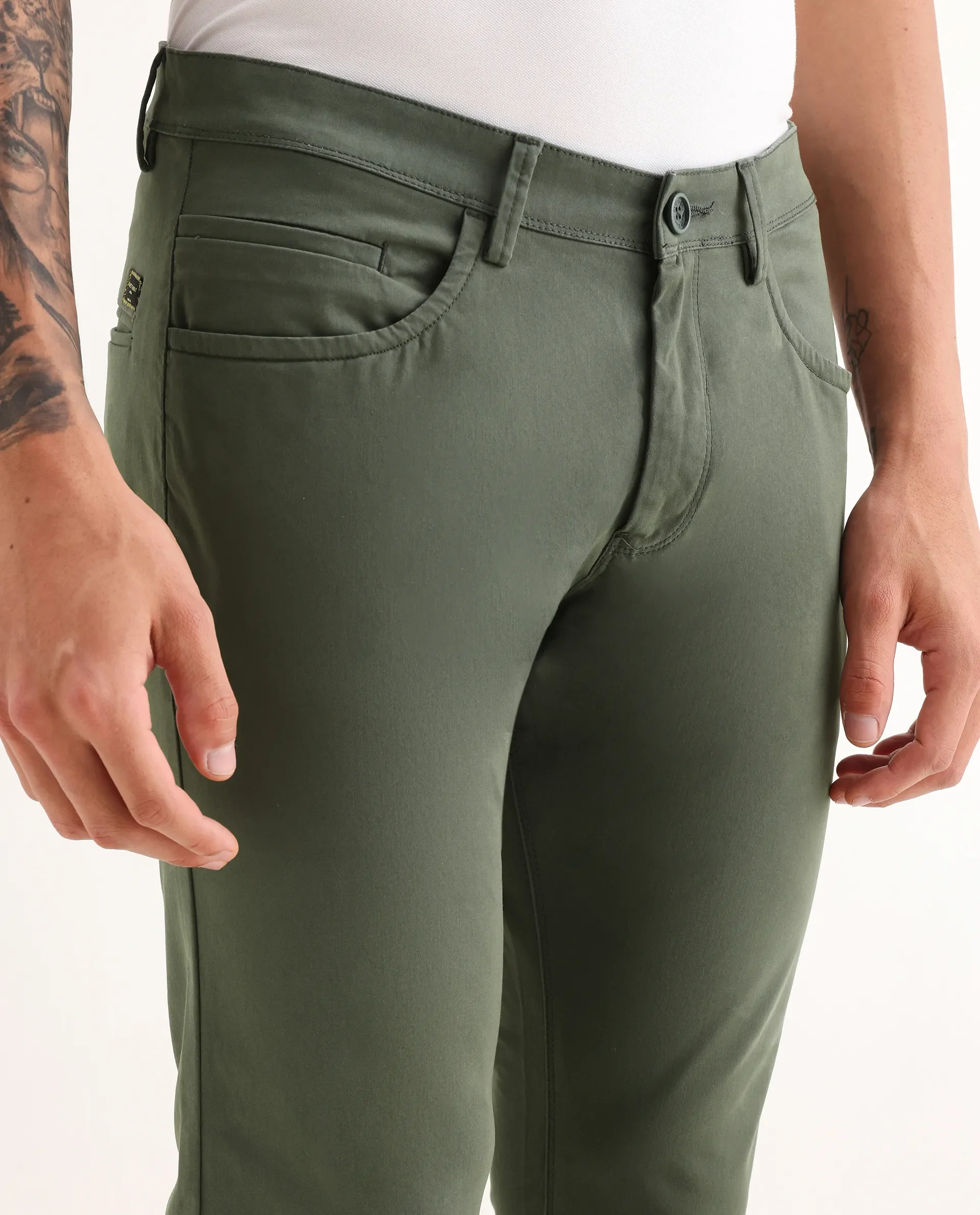 Rare Rabbit Men's Mark Green Cotton Plain Regular Fit Trouser - Image 3