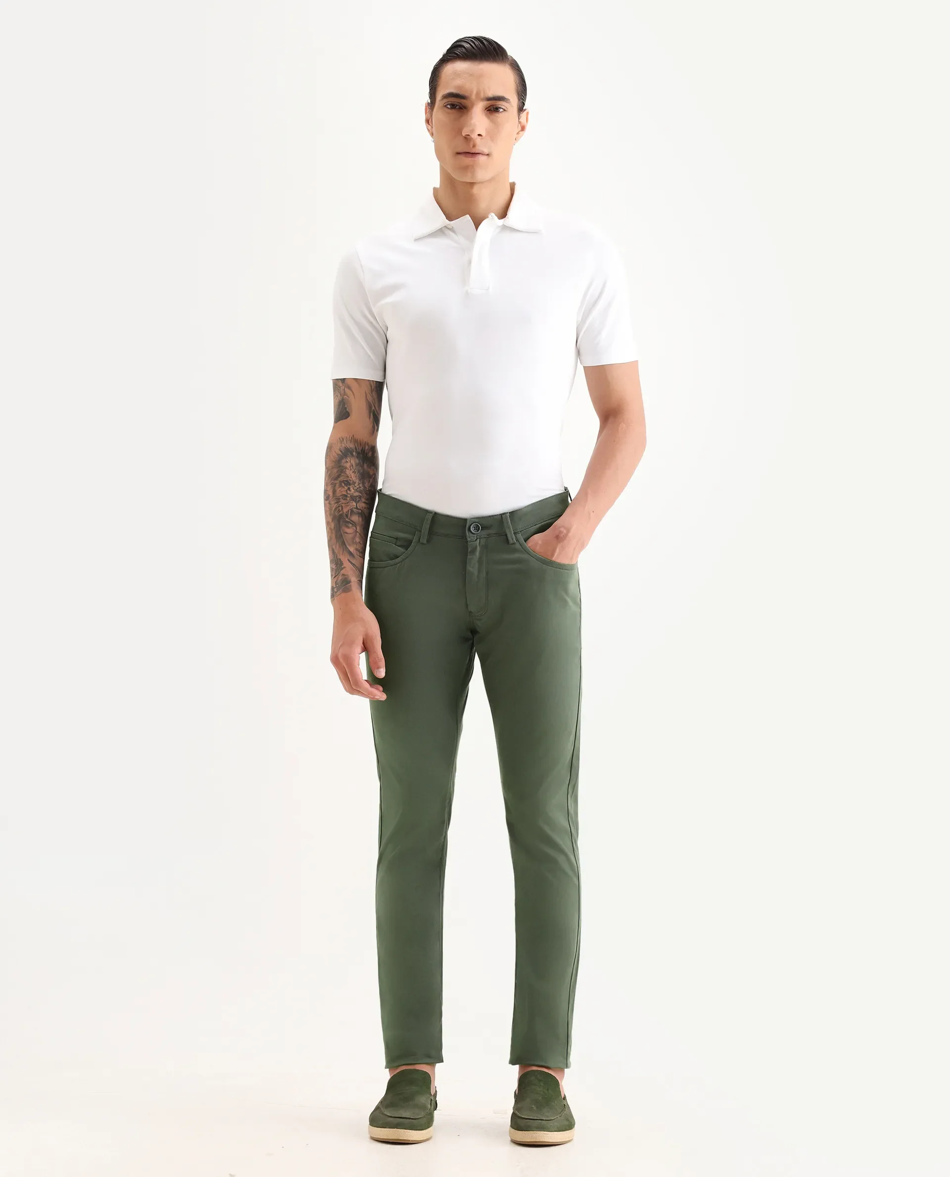 Rare Rabbit Men's Mark Green Cotton Plain Regular Fit Trouser - Image 4