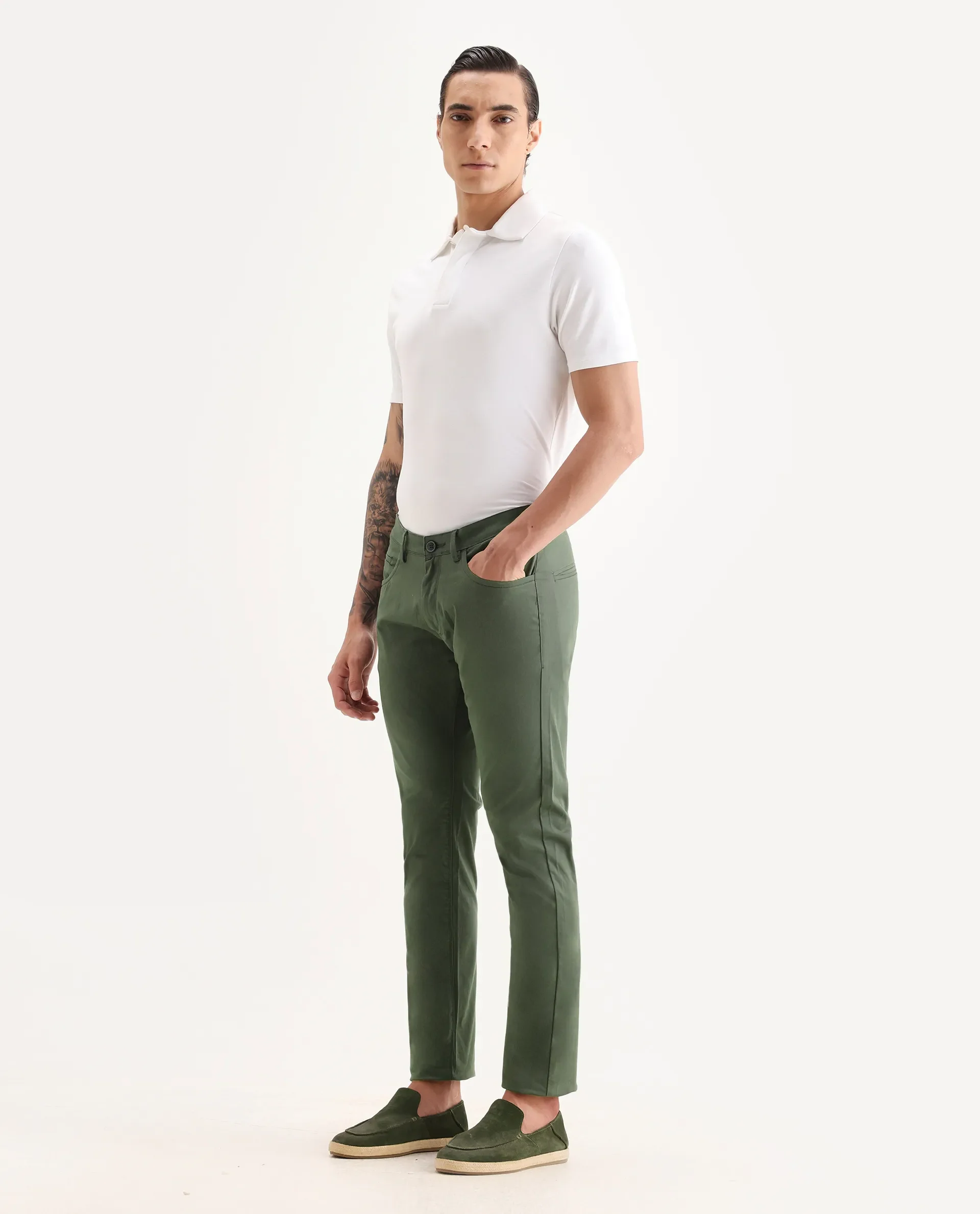 Rare Rabbit Men's Mark Green Cotton Plain Regular Fit Trouser - Image 5