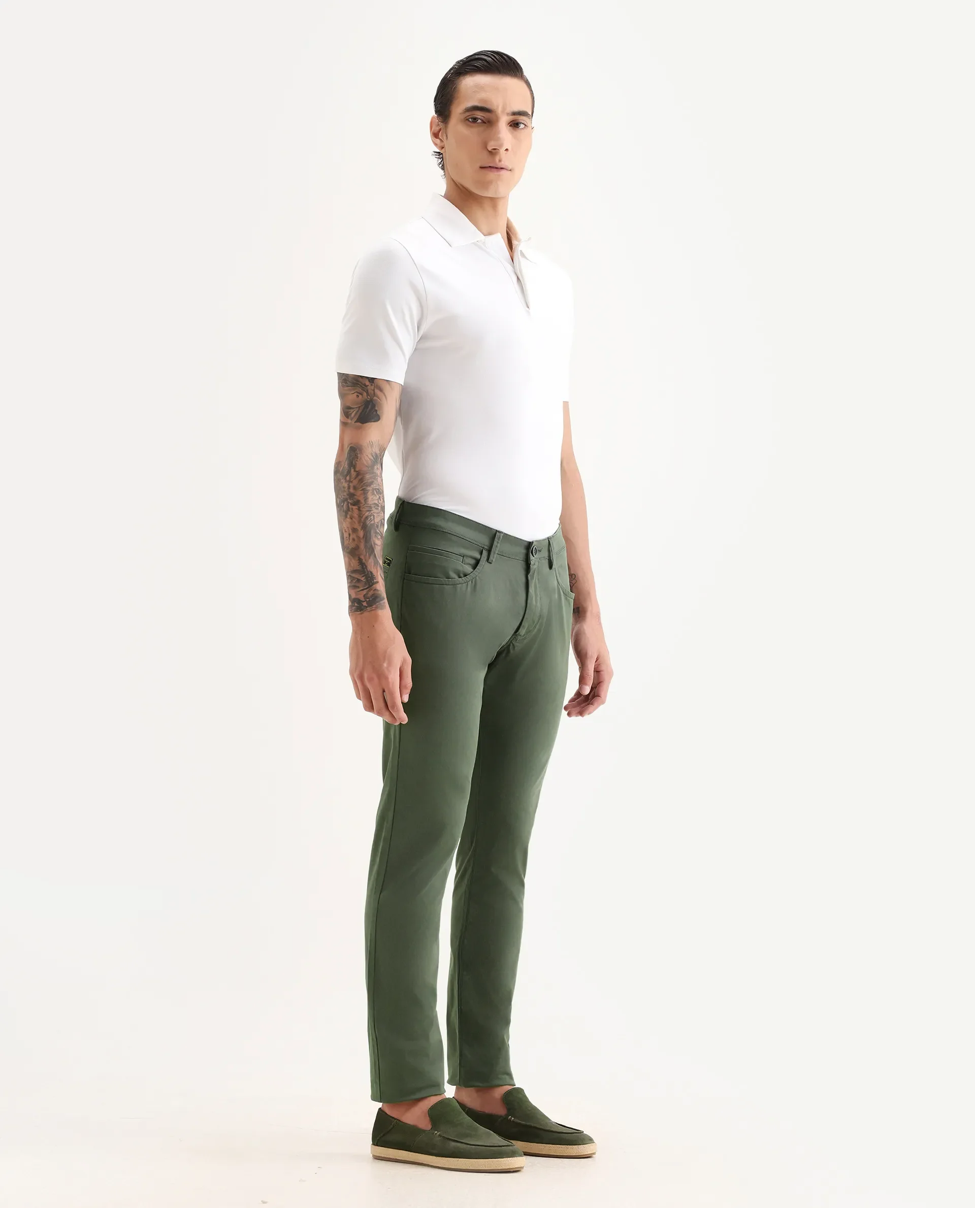 Rare Rabbit Men's Mark Green Cotton Plain Regular Fit Trouser - Image 6