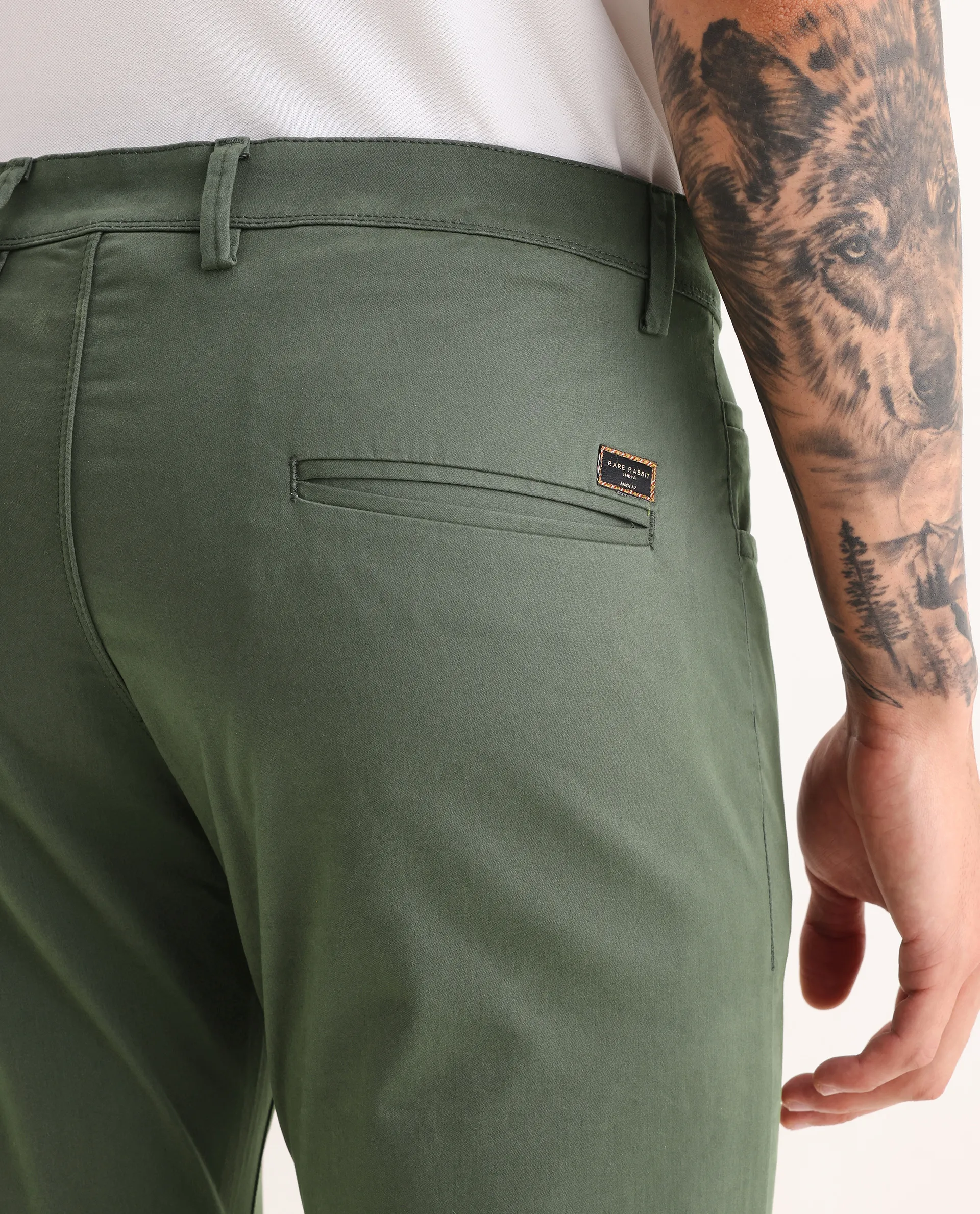 Rare Rabbit Men's Mark Green Cotton Plain Regular Fit Trouser - Image 7