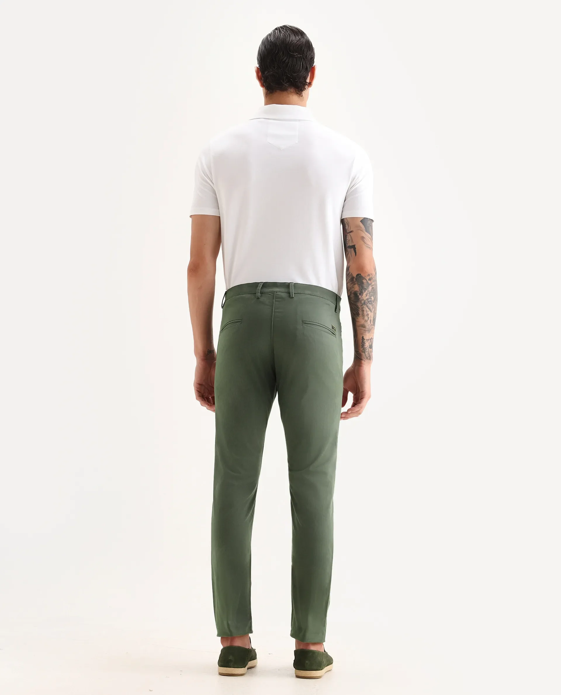 Rare Rabbit Men's Mark Green Cotton Plain Regular Fit Trouser - Image 8