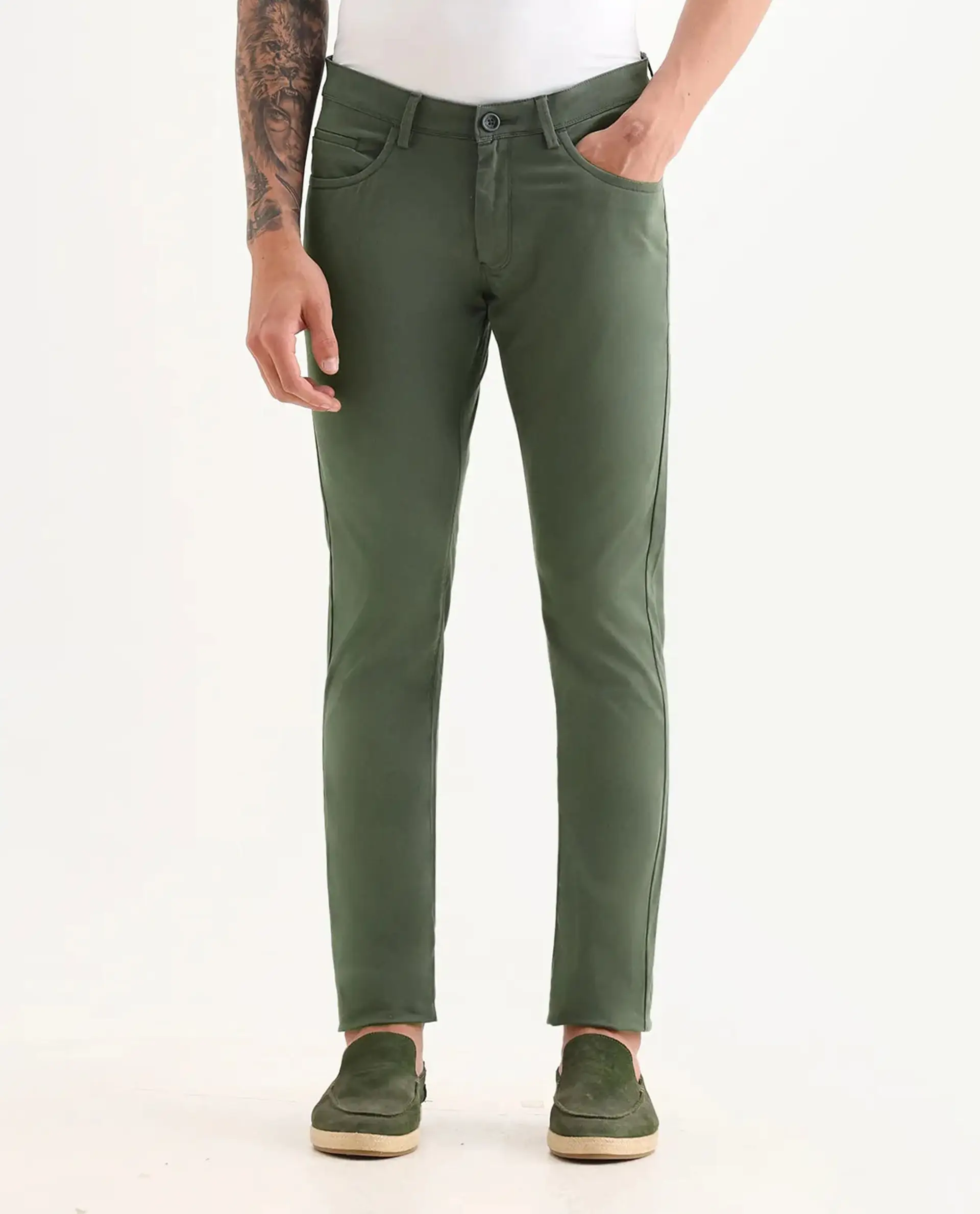 Rare Rabbit Men's Mark Green Cotton Plain Regular Fit Trouser - Image 9