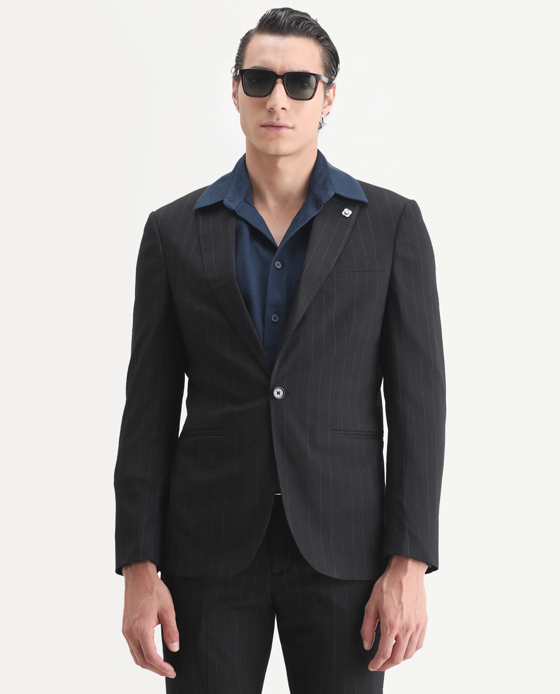 Rare Rabbit Men's Markas Black Polyester Striped Print Tailored Fit Full Sleeve Lapel Neck Suits - Image 2