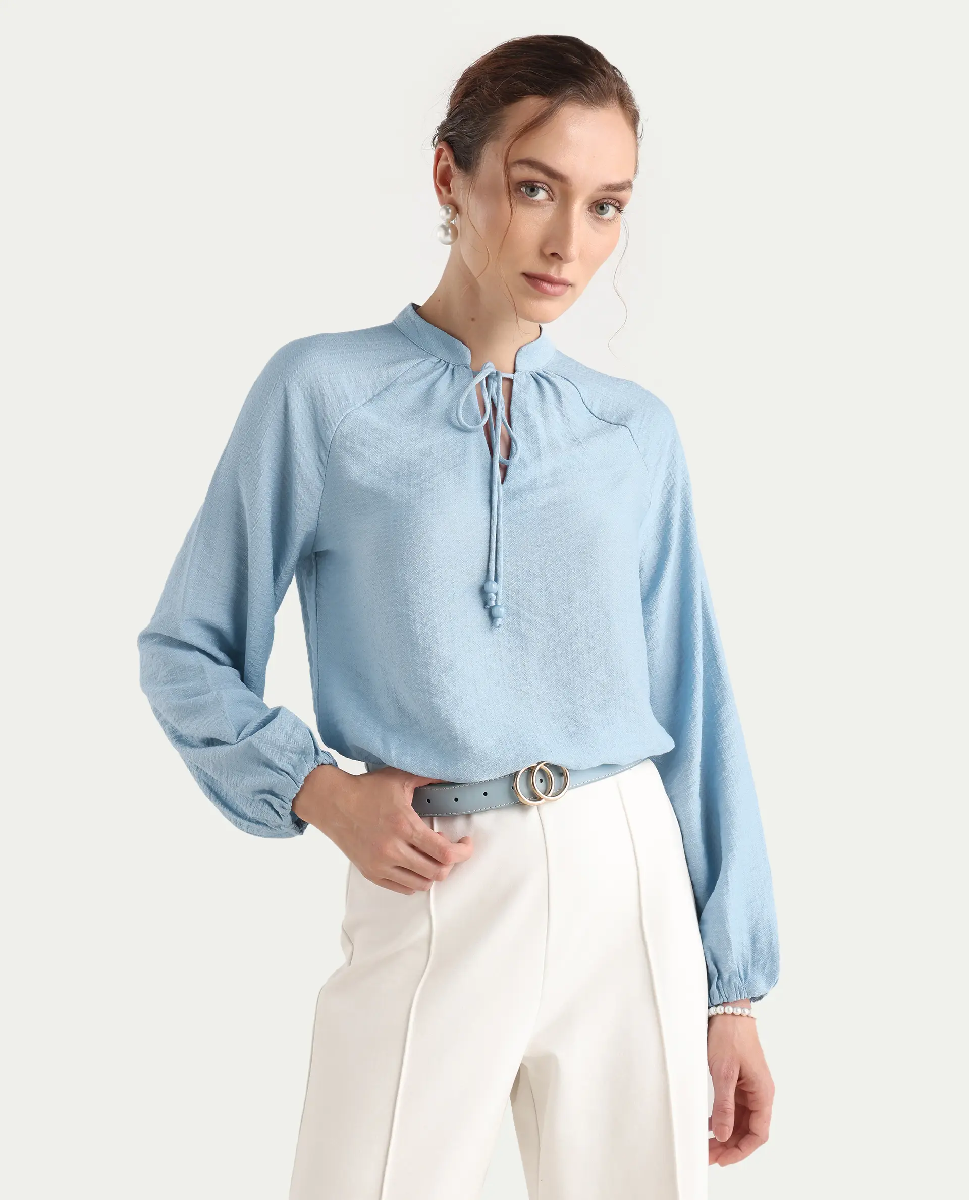 Rareism Women's Markino Dusky Blue Nylon Blend Tie-Up Relaxed Plain Top