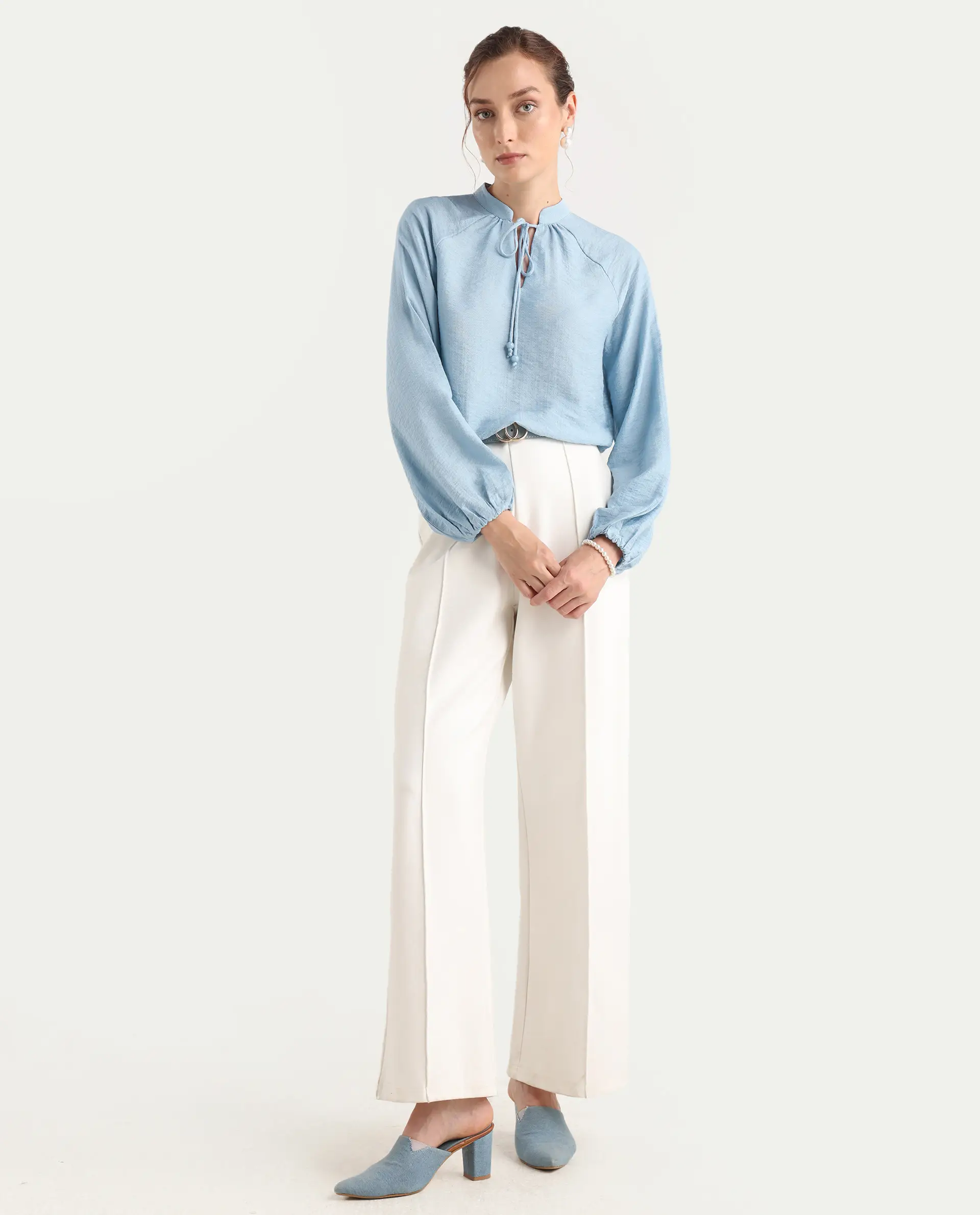Rareism Women's Markino Dusky Blue Nylon Blend Tie-Up Relaxed Plain Top - Image 2