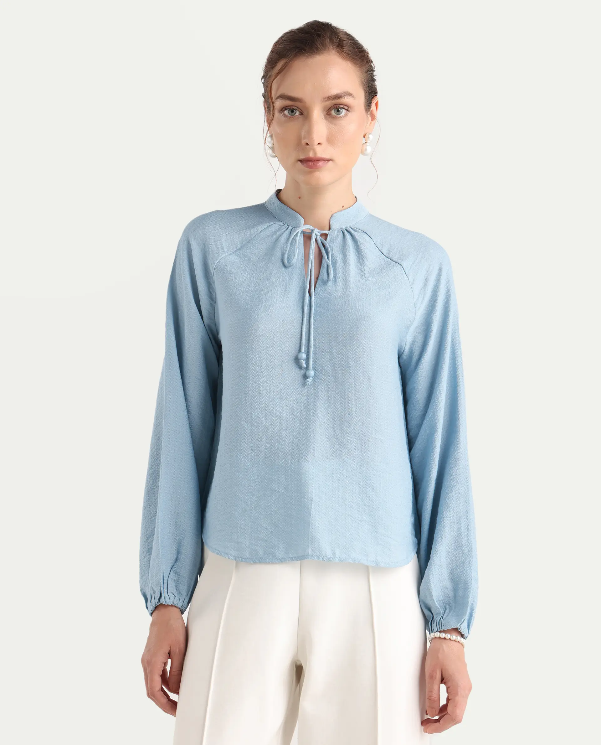 Rareism Women's Markino Dusky Blue Nylon Blend Tie-Up Relaxed Plain Top - Image 3