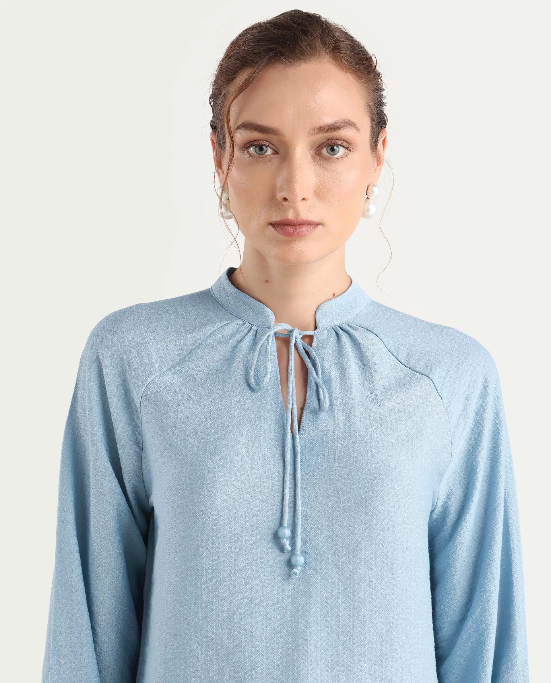 Rareism Women's Markino Dusky Blue Nylon Blend Tie-Up Relaxed Plain Top - Image 4