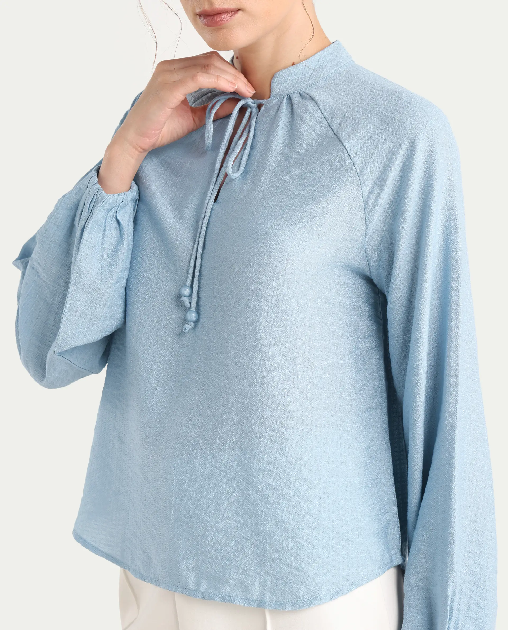 Rareism Women's Markino Dusky Blue Nylon Blend Tie-Up Relaxed Plain Top - Image 5