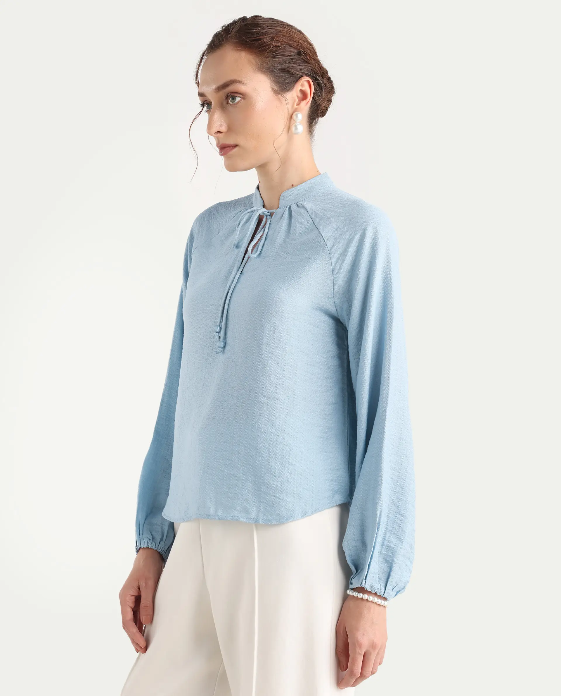 Rareism Women's Markino Dusky Blue Nylon Blend Tie-Up Relaxed Plain Top - Image 6