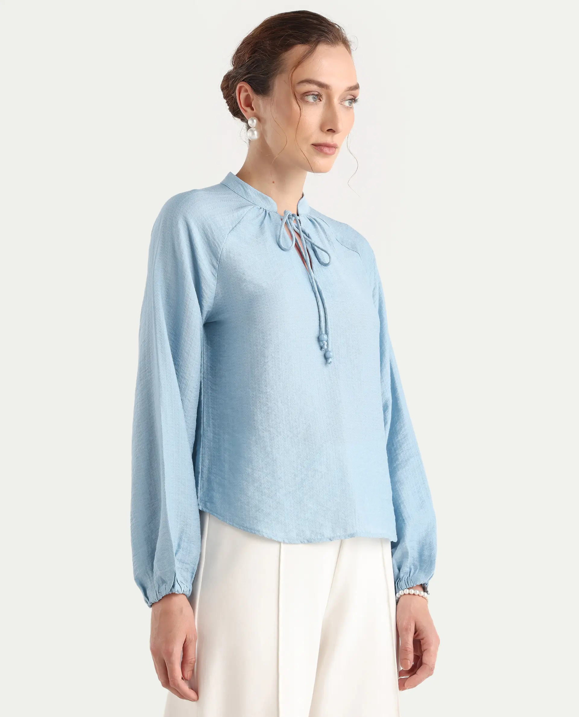 Rareism Women's Markino Dusky Blue Nylon Blend Tie-Up Relaxed Plain Top - Image 7