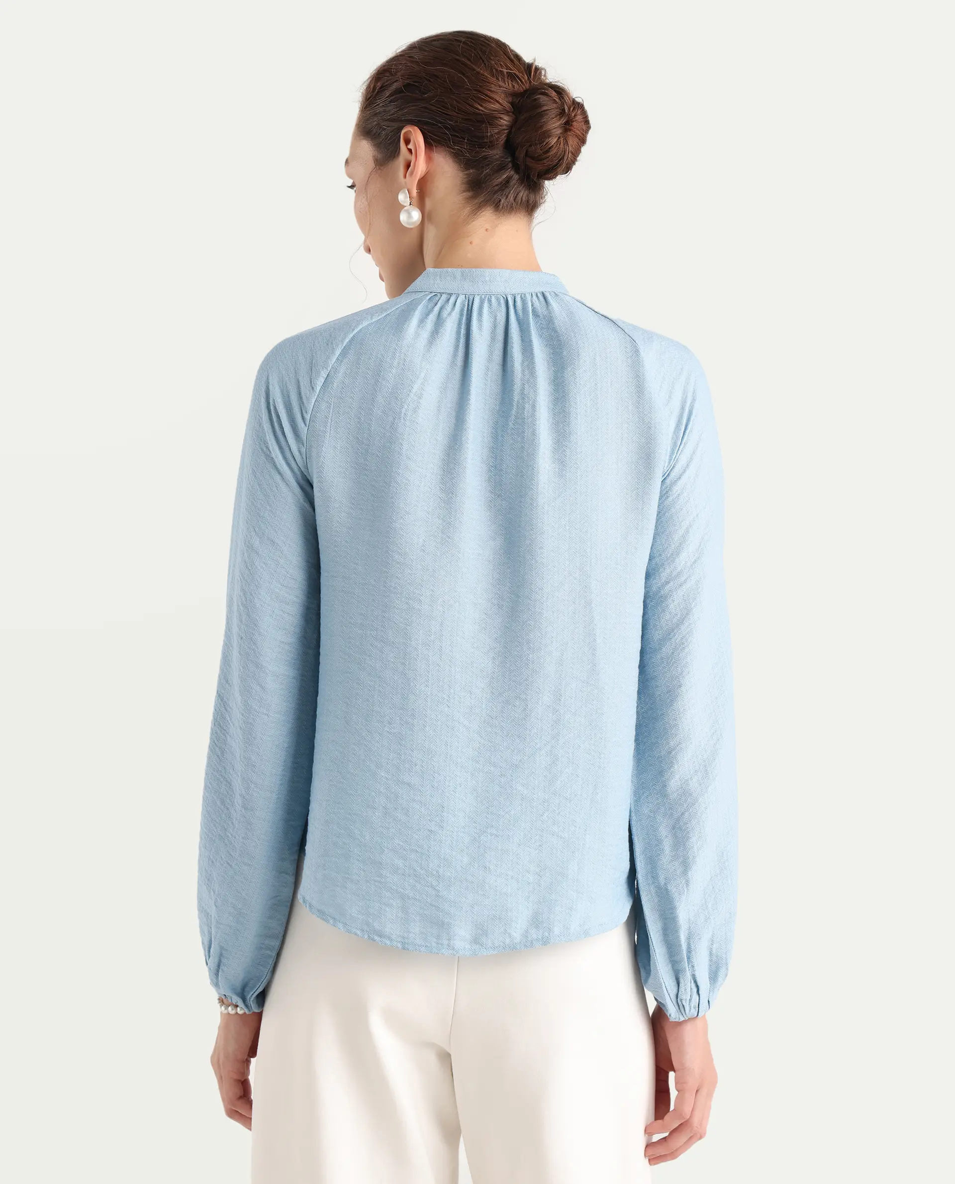 Rareism Women's Markino Dusky Blue Nylon Blend Tie-Up Relaxed Plain Top - Image 8