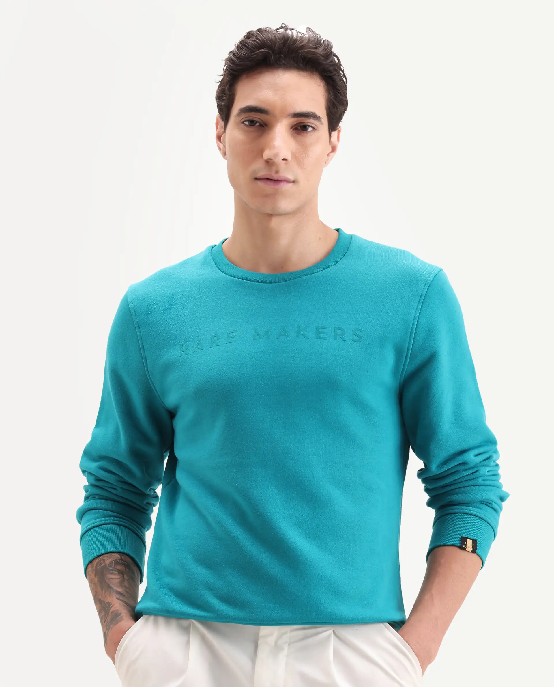 Rare Rabbit Men's Marko Petrol Cotton Graphic Print Regular Fit Full Sleeve Crew Neck Sweatshirt - Image 3
