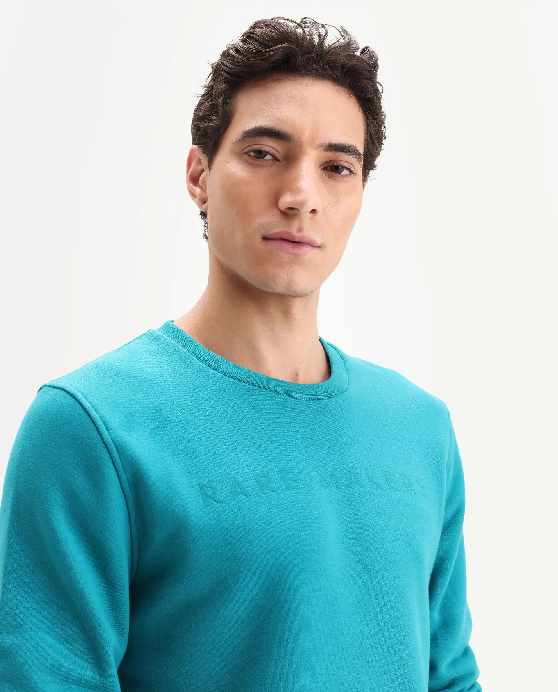 Rare Rabbit Men's Marko Petrol Cotton Graphic Print Regular Fit Full Sleeve Crew Neck Sweatshirt - Image 4