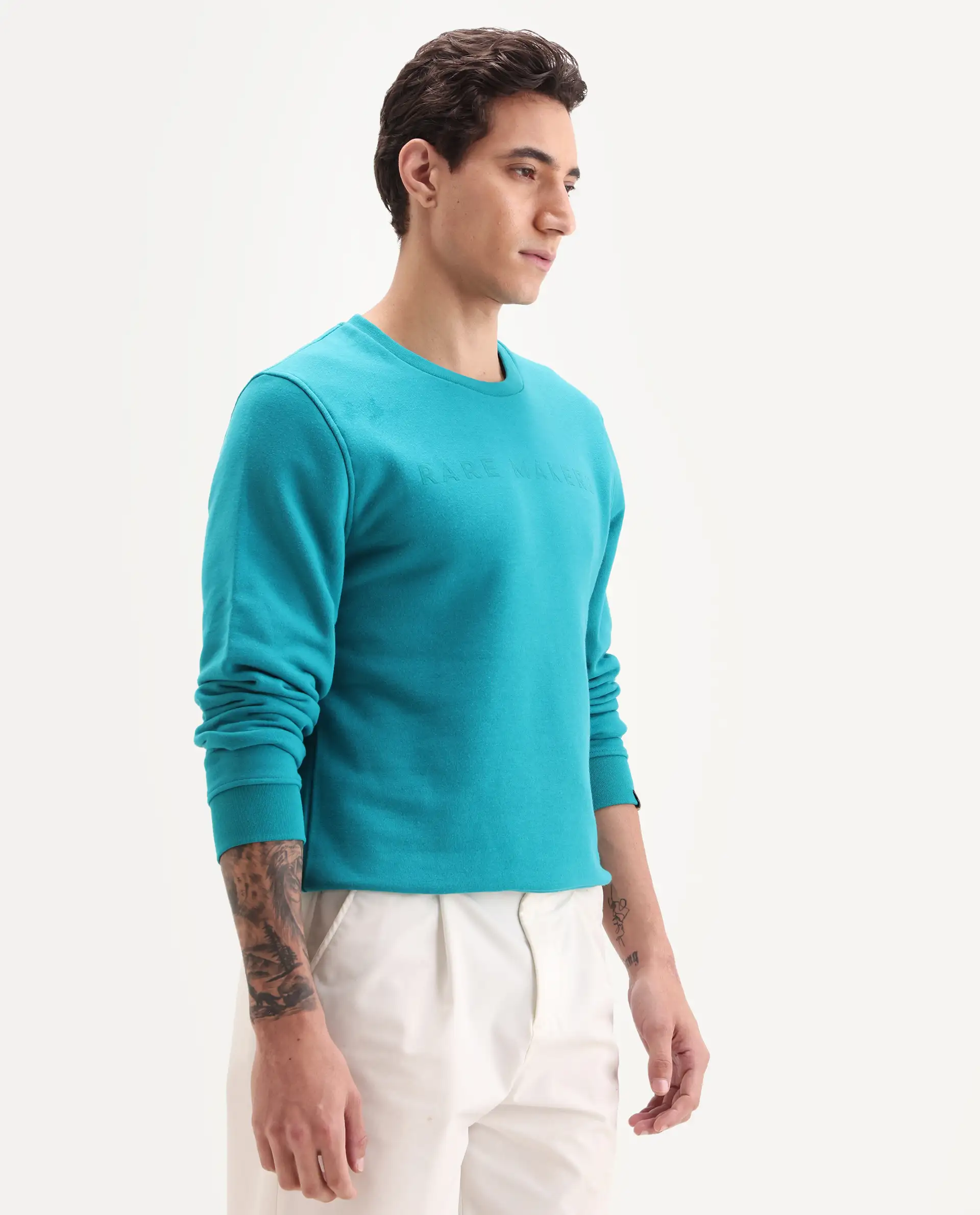Rare Rabbit Men's Marko Petrol Cotton Graphic Print Regular Fit Full Sleeve Crew Neck Sweatshirt - Image 5