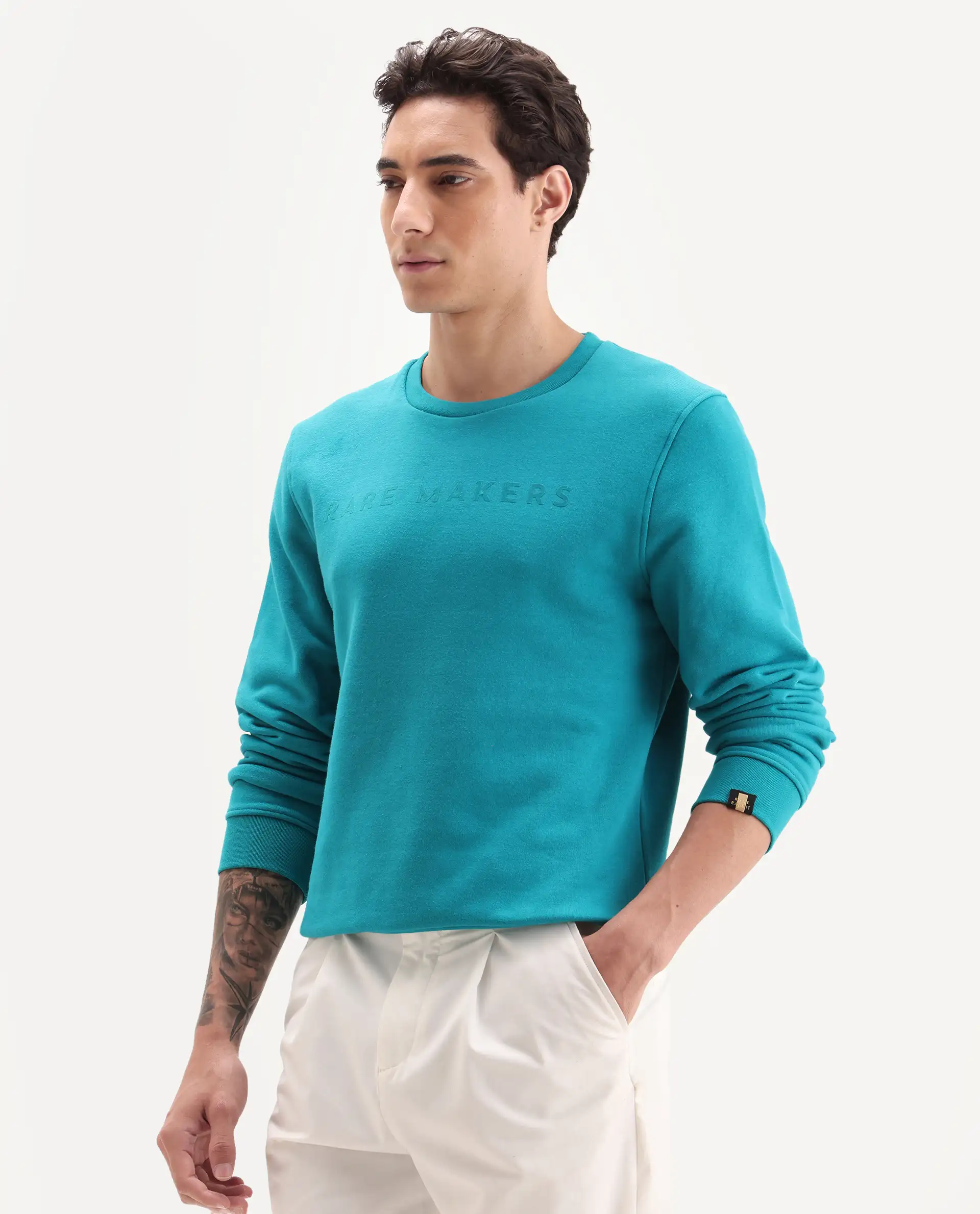 Rare Rabbit Men's Marko Petrol Cotton Graphic Print Regular Fit Full Sleeve Crew Neck Sweatshirt - Image 6
