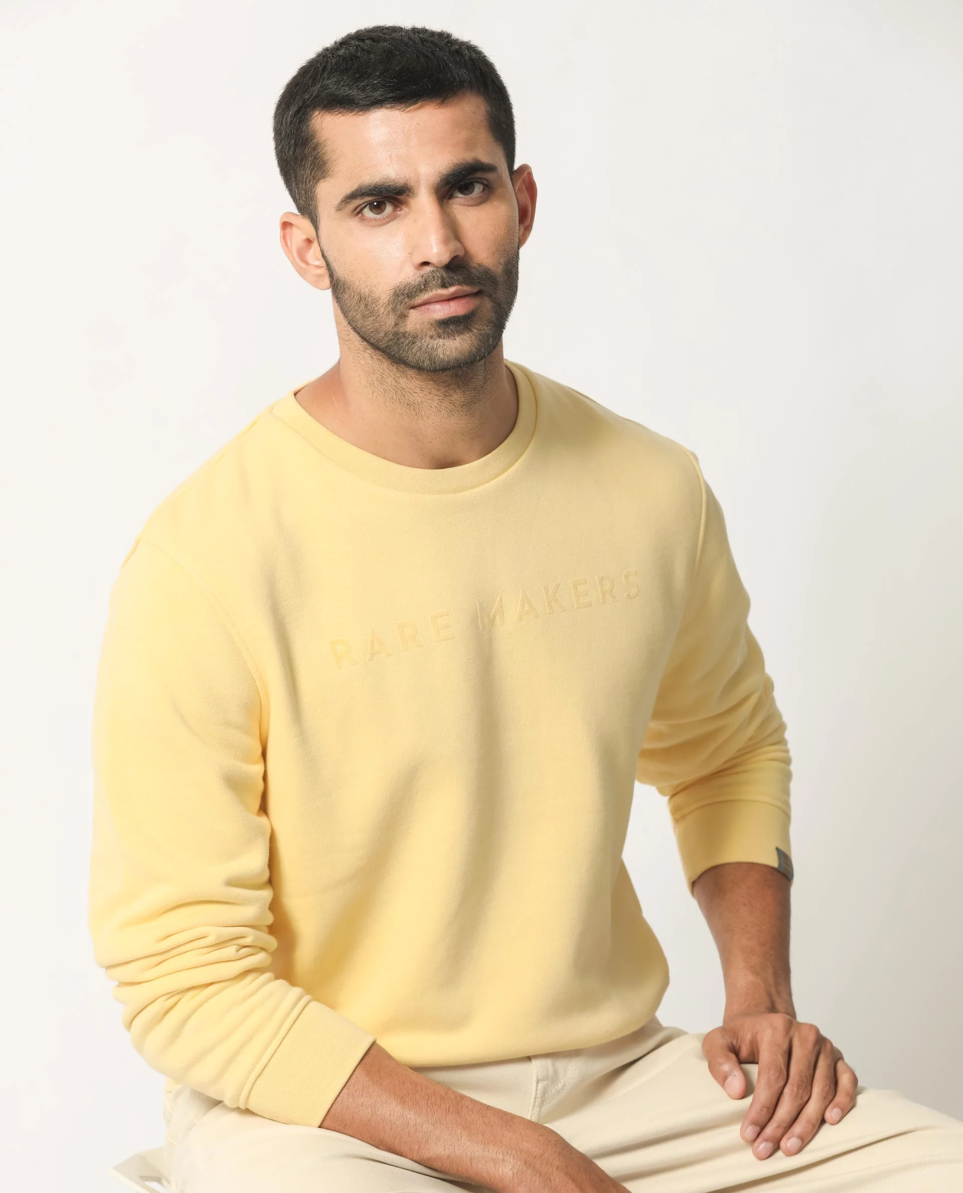Rare Rabbit Men's Marko Yellow Cotton Graphic Print Regular Fit Full Sleeve Crew Neck Sweatshirt