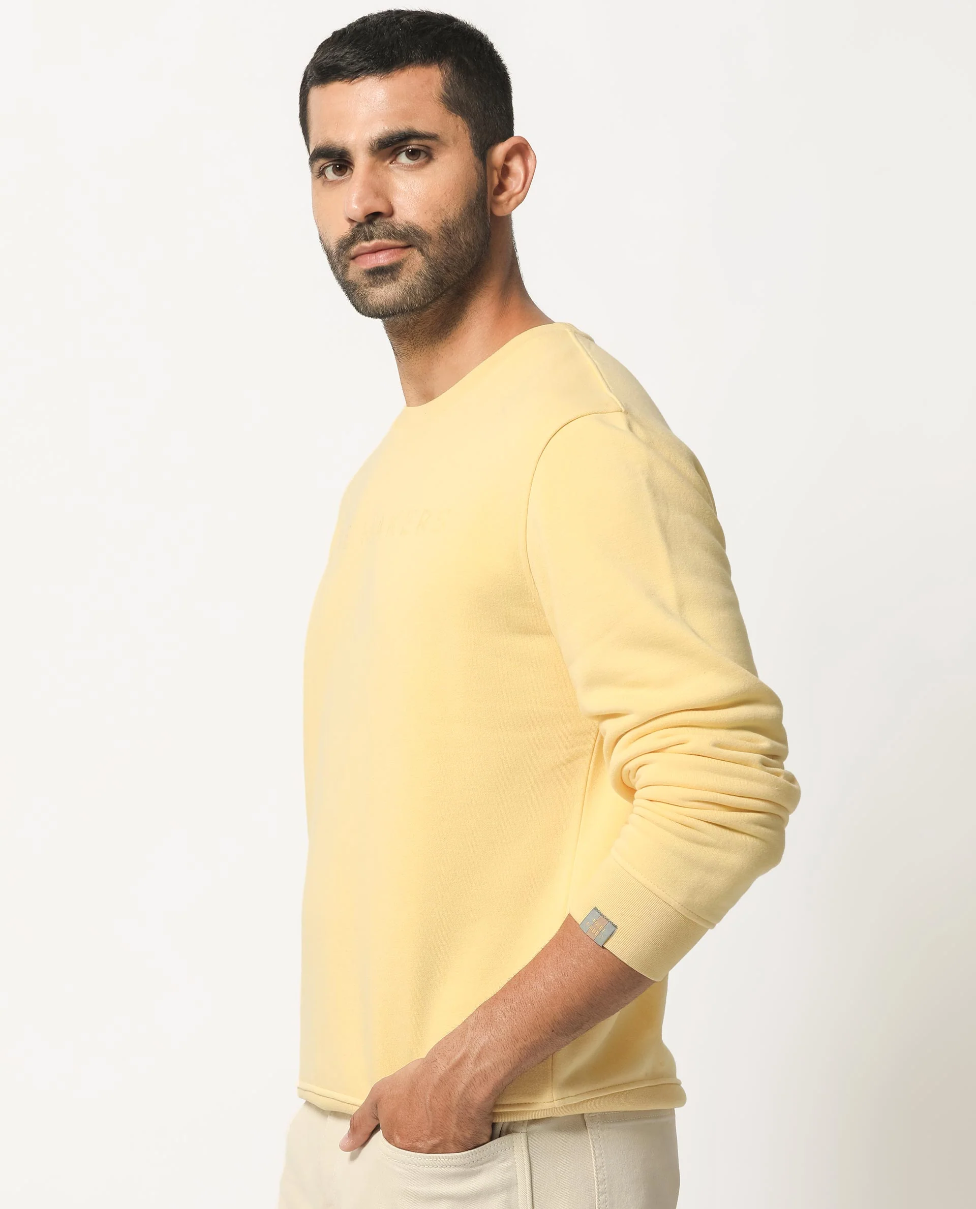 Rare Rabbit Men's Marko Yellow Cotton Graphic Print Regular Fit Full Sleeve Crew Neck Sweatshirt - Image 7